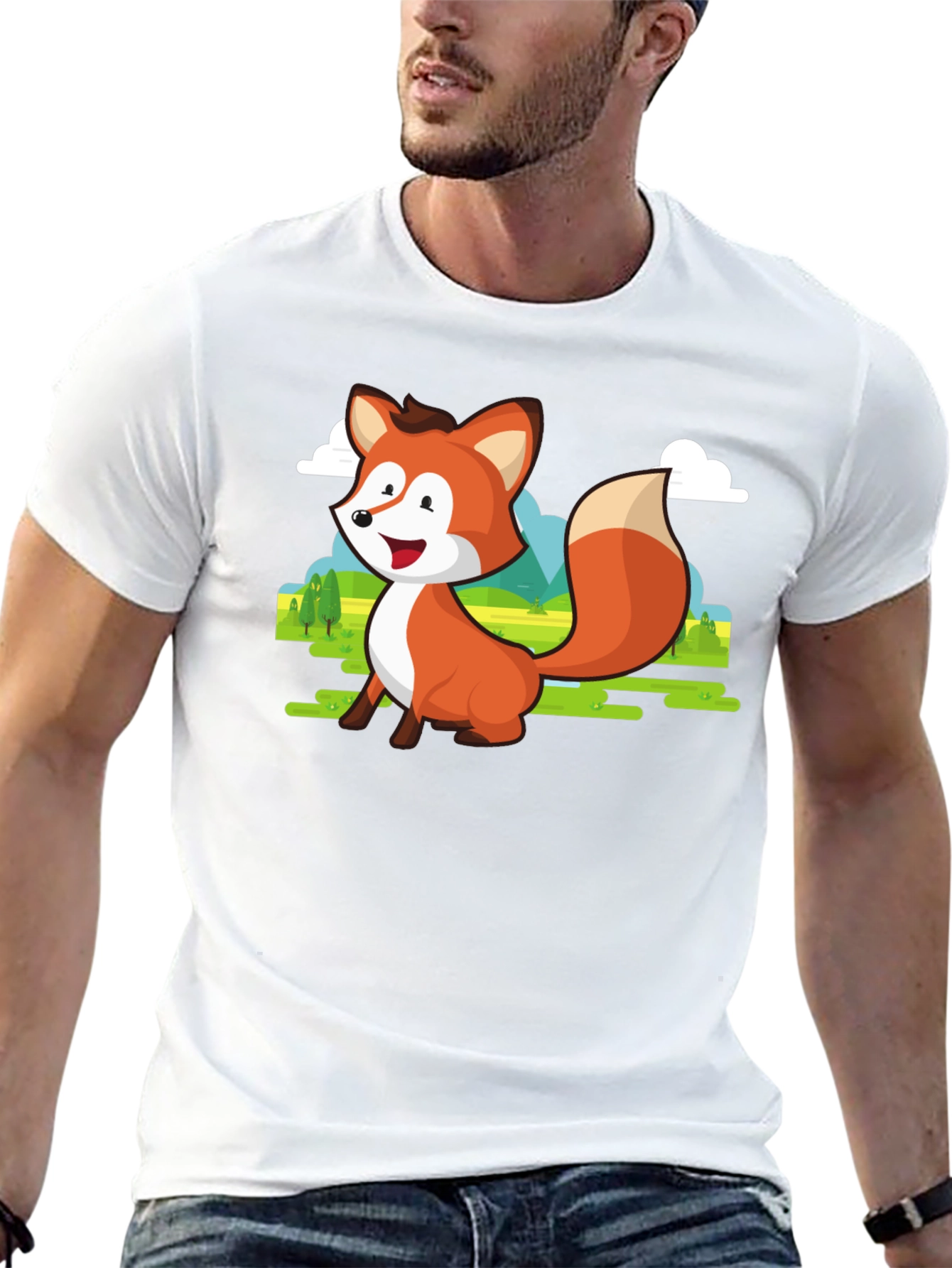 Black Cute Fox Cartoon T-Shirt - Men's Black Tee view 13