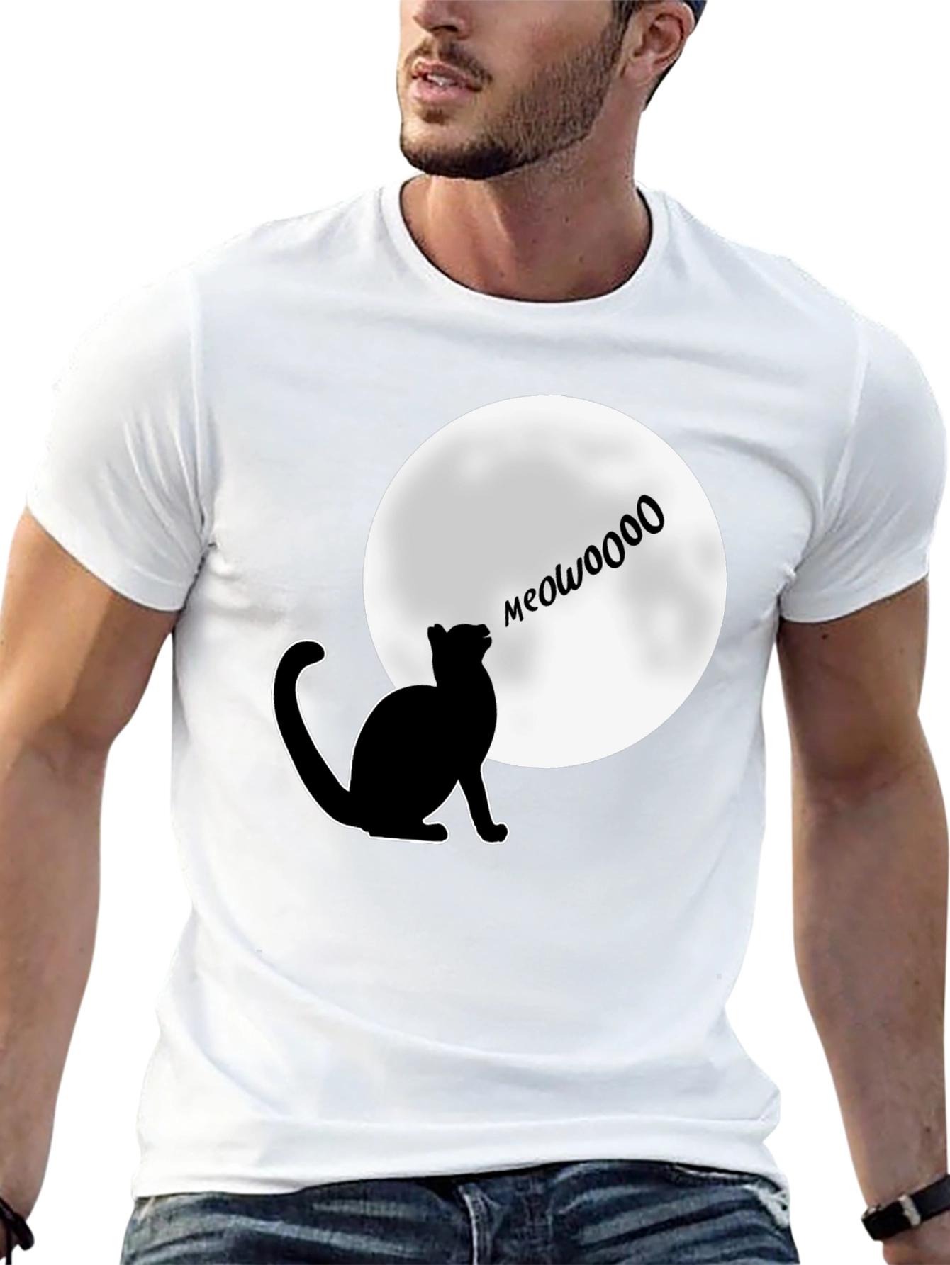 Black Meow at the Moon T-Shirt - Black, Cat Lover Tee view 13