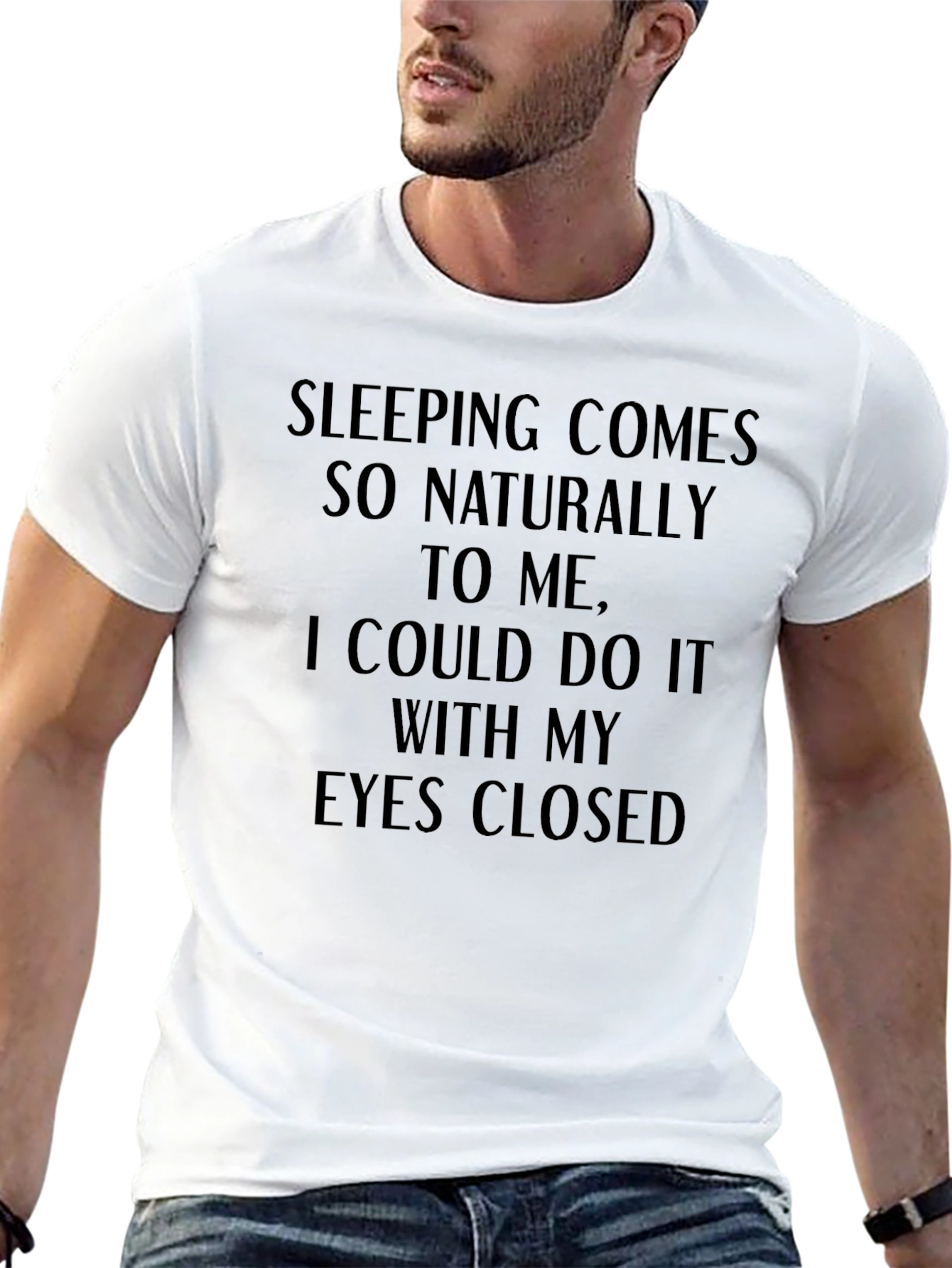 Black Funny Sleeping T-Shirt - 'Eyes Closed' Slogan view 13
