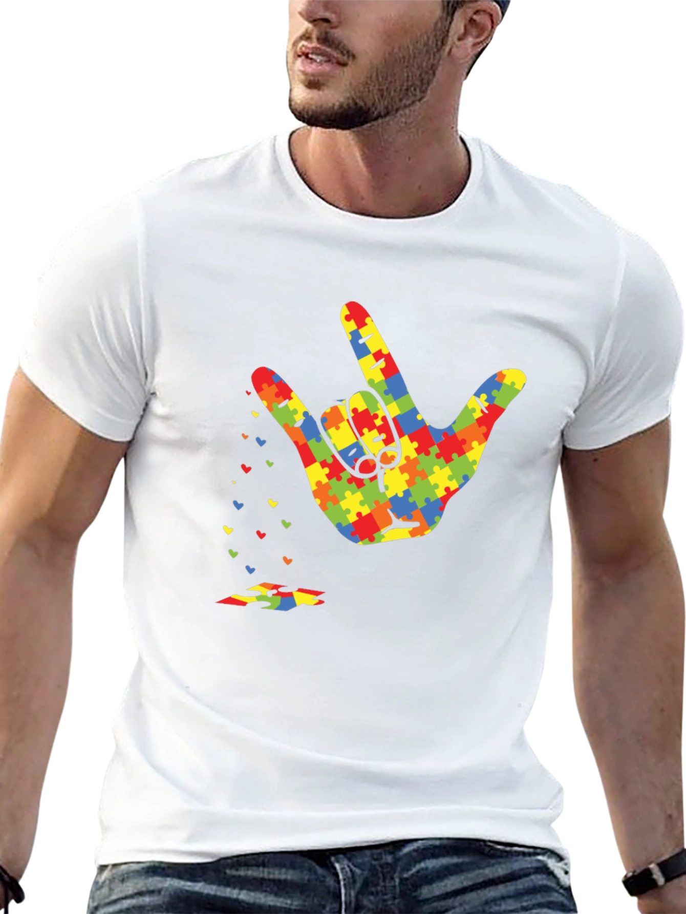 Black Autism Awareness Puzzle Hand Gesture T-Shirt view 13