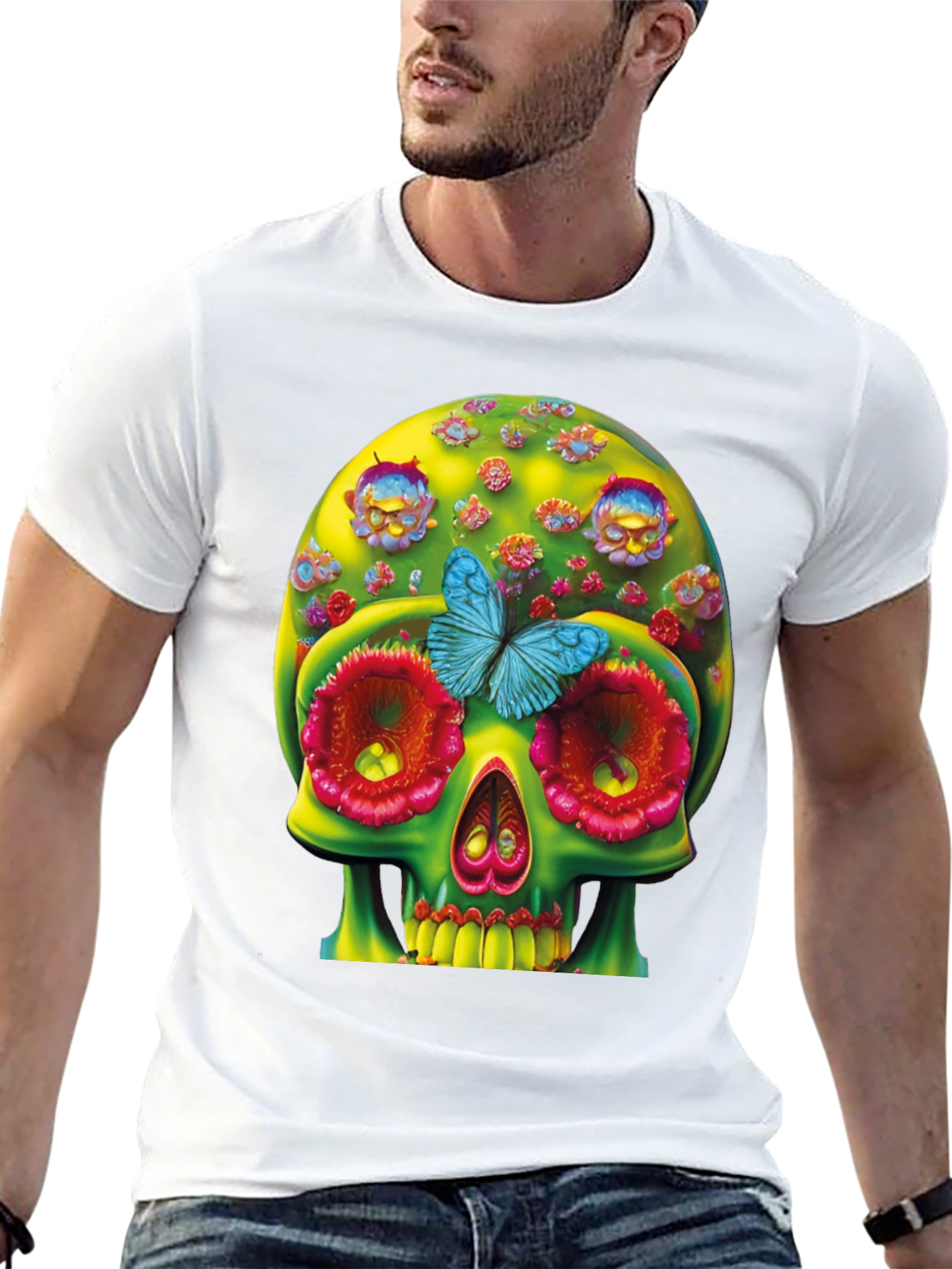 Black Floral Skull T-Shirt - Unique Graphic Tee view 13