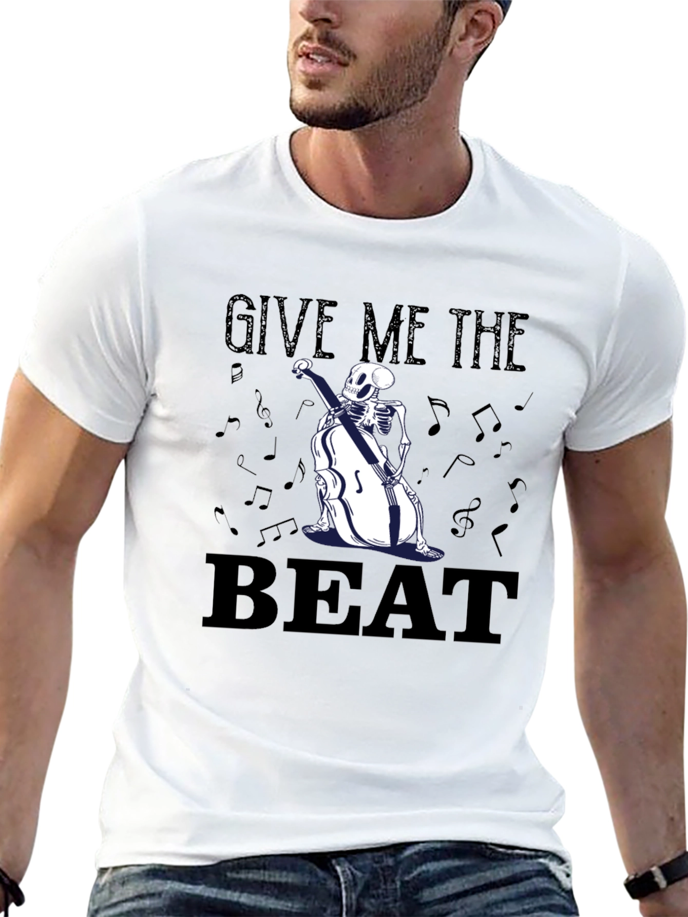 Black Give Me The Beat Skeleton Bassist Graphic T-Shirt view 13