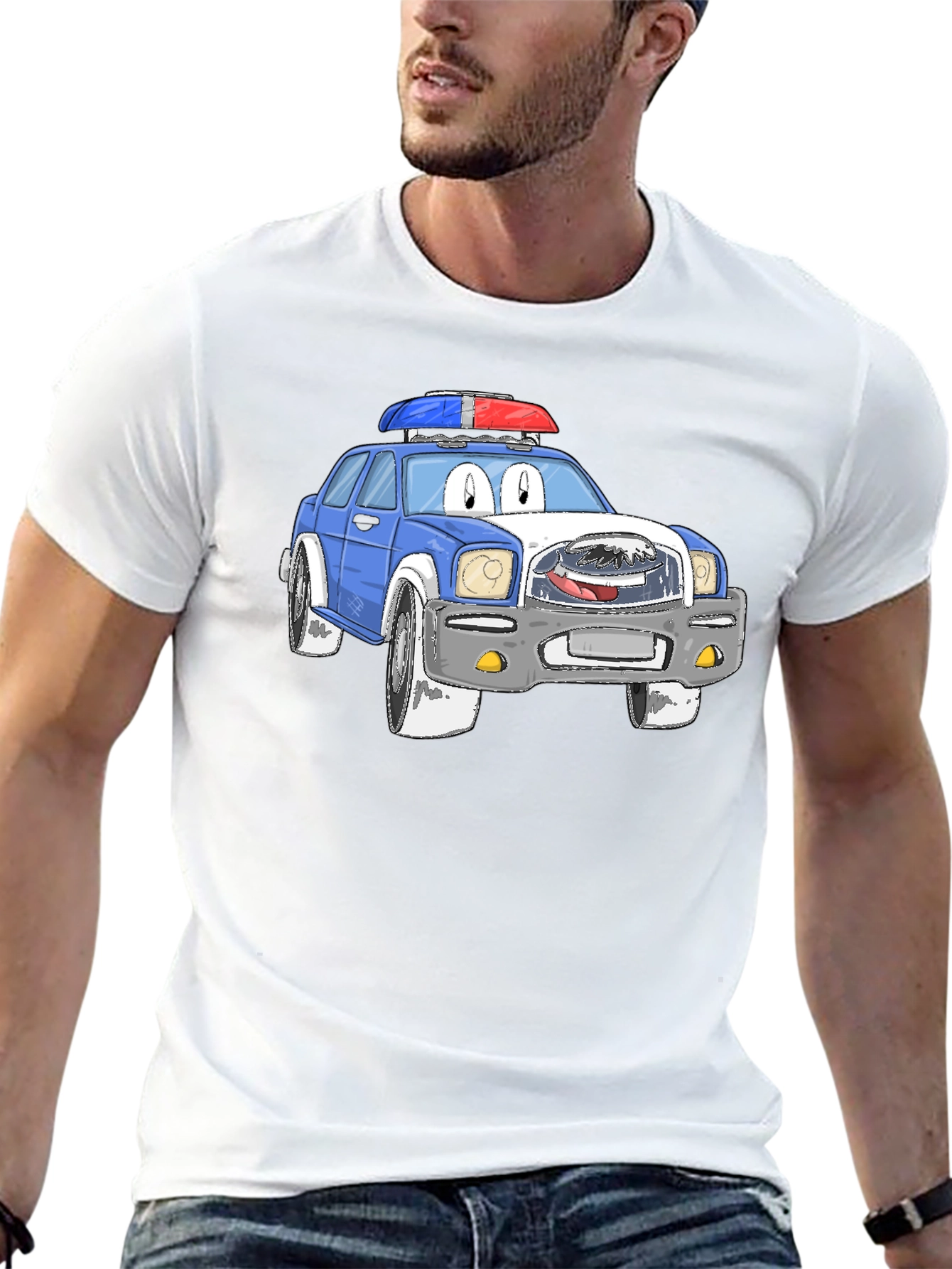 Black Cartoon Police Car Graphic T-Shirt view 13