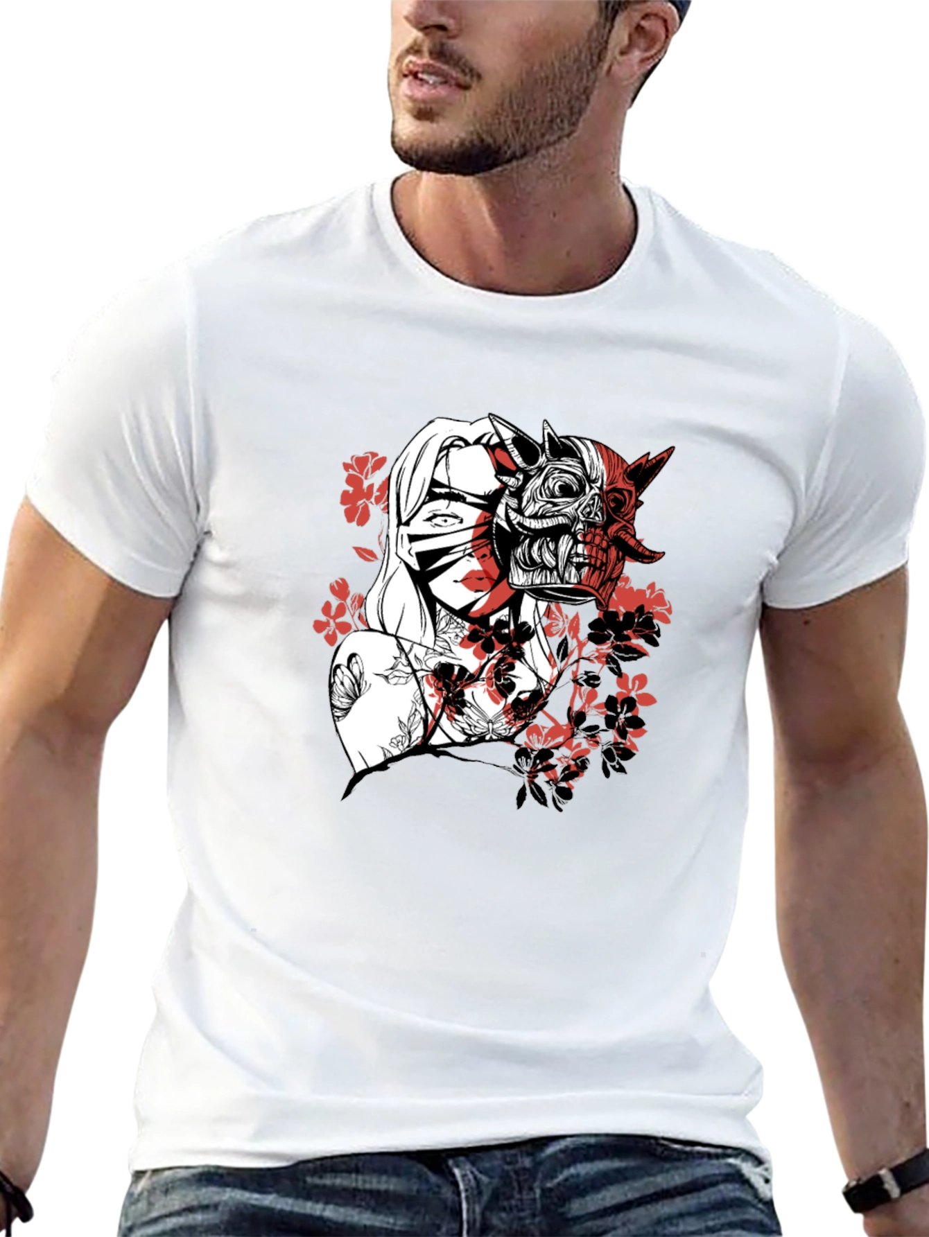 Black Men's Graphic Tee - Samurai Girl & Skull Design view 13