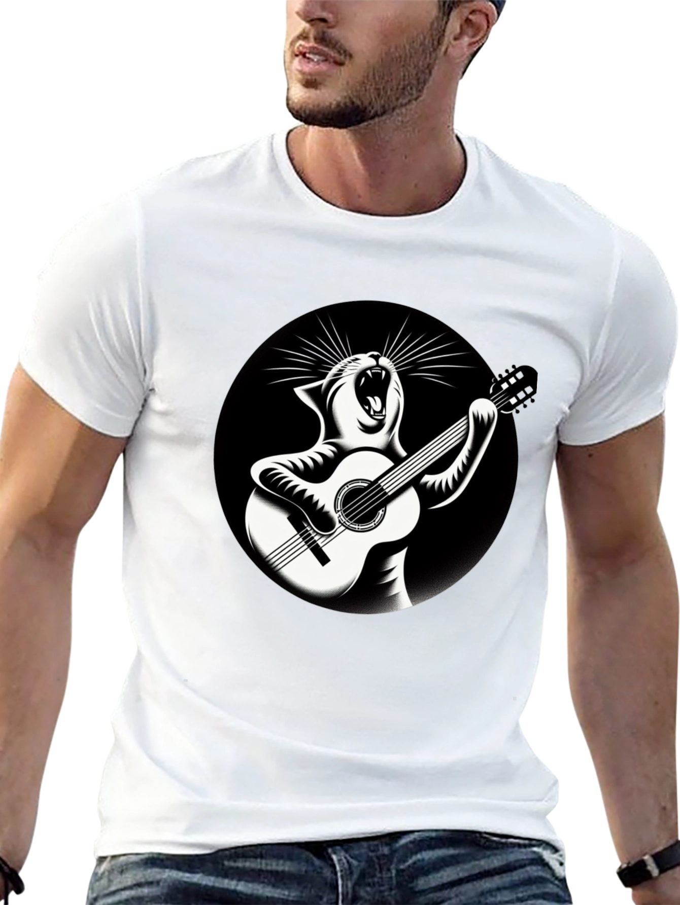 Black Cat Playing Guitar Graphic T-Shirt view 13