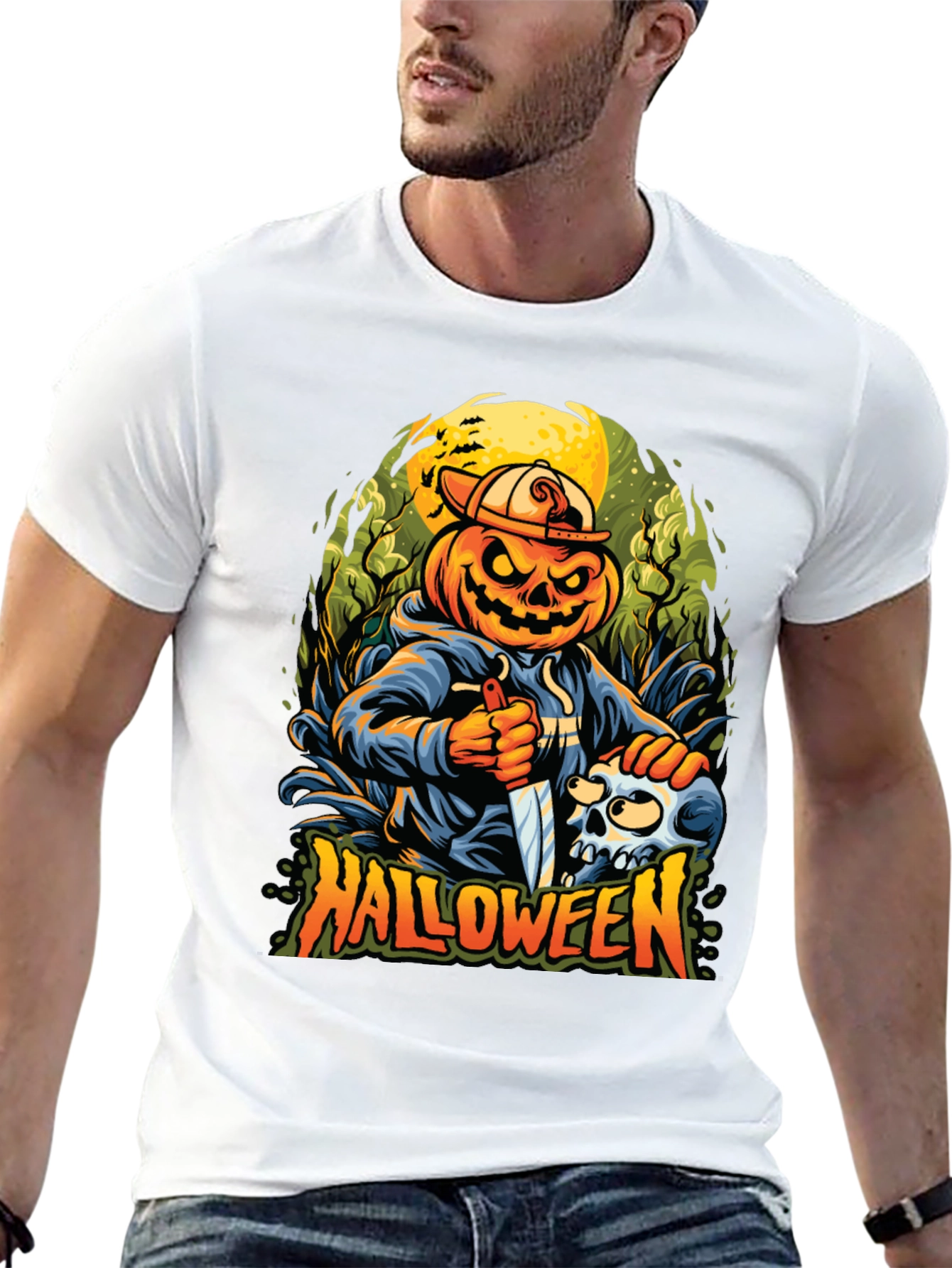 Black Halloween Pumpkin Skull Graphic Tee view 13
