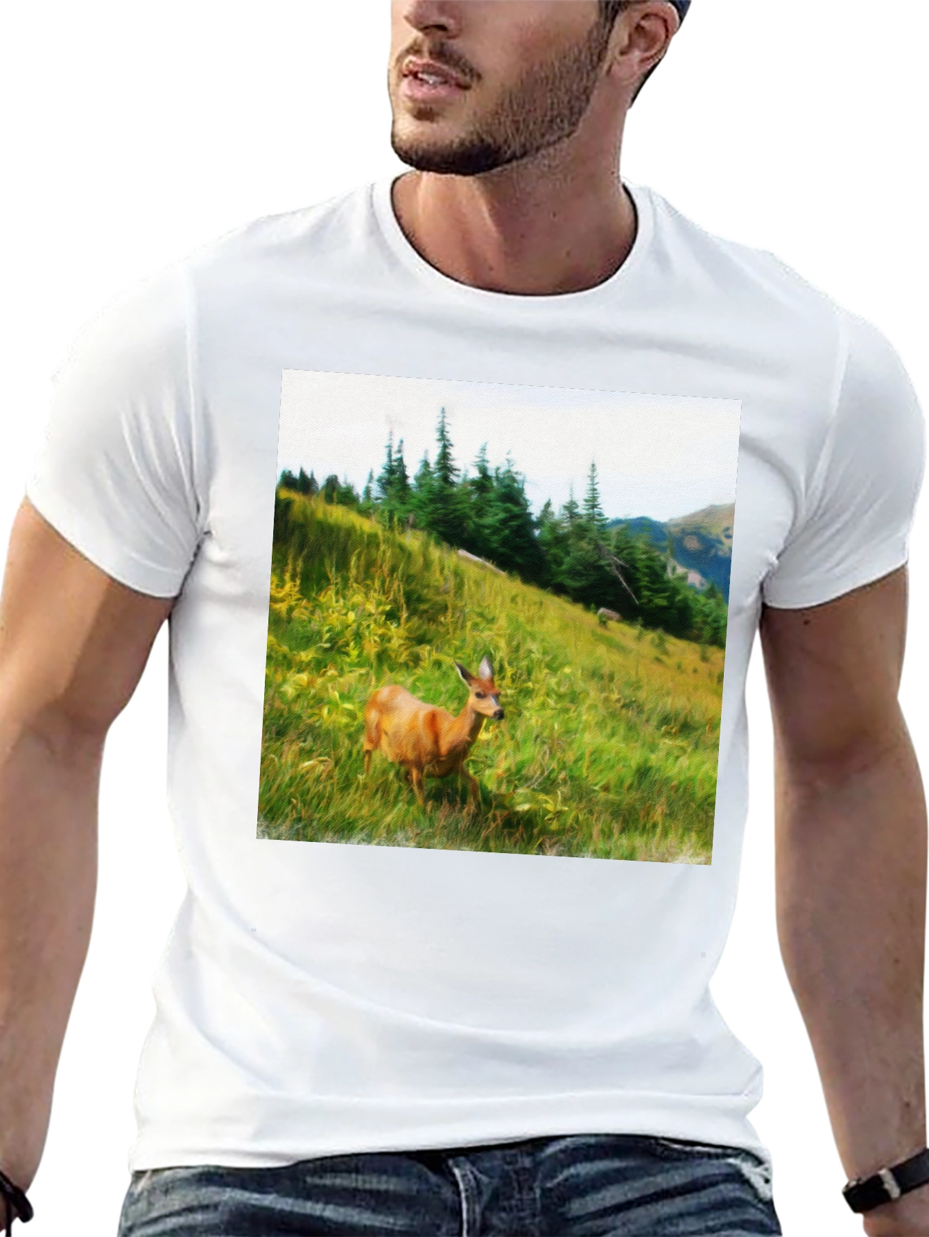 Black Nature Scene Deer Graphic Tee - Unisex Black T-Shirt view 13