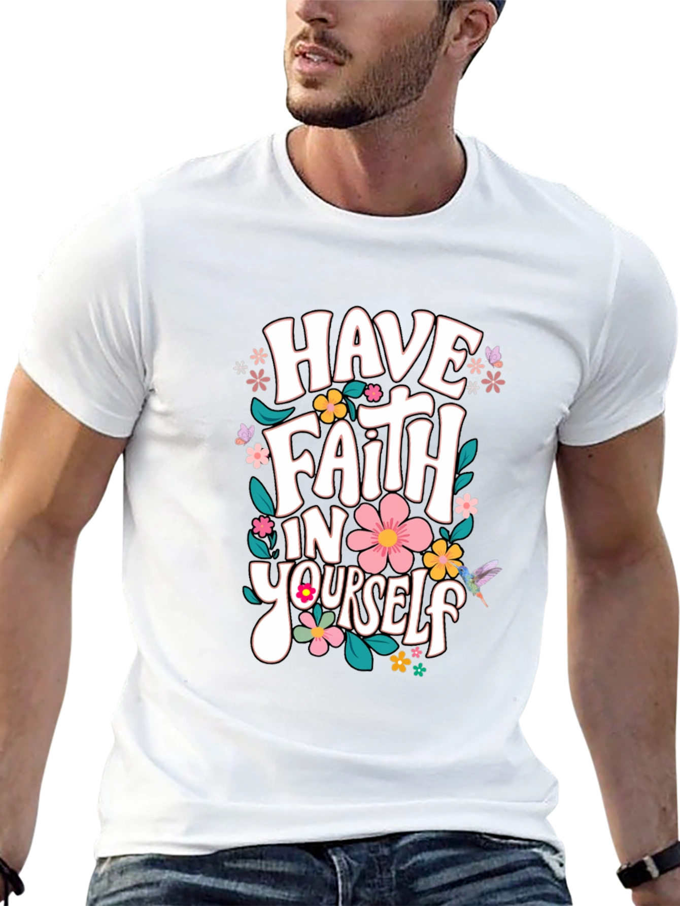 Black Faith In Yourself T-Shirt, Floral Design, Black view 13