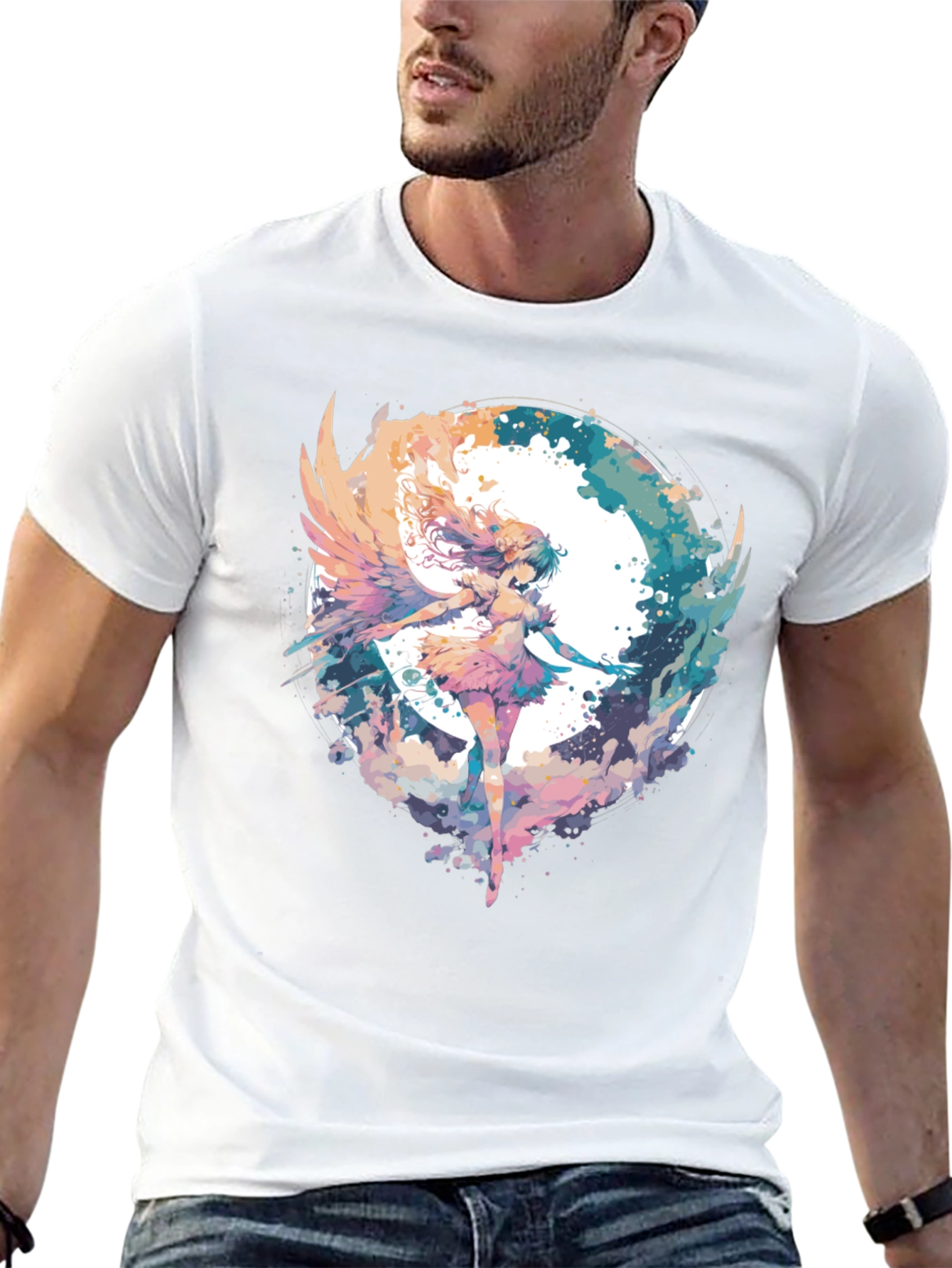 Black Anime Angel Wings T-Shirt - Watercolor Style view 13