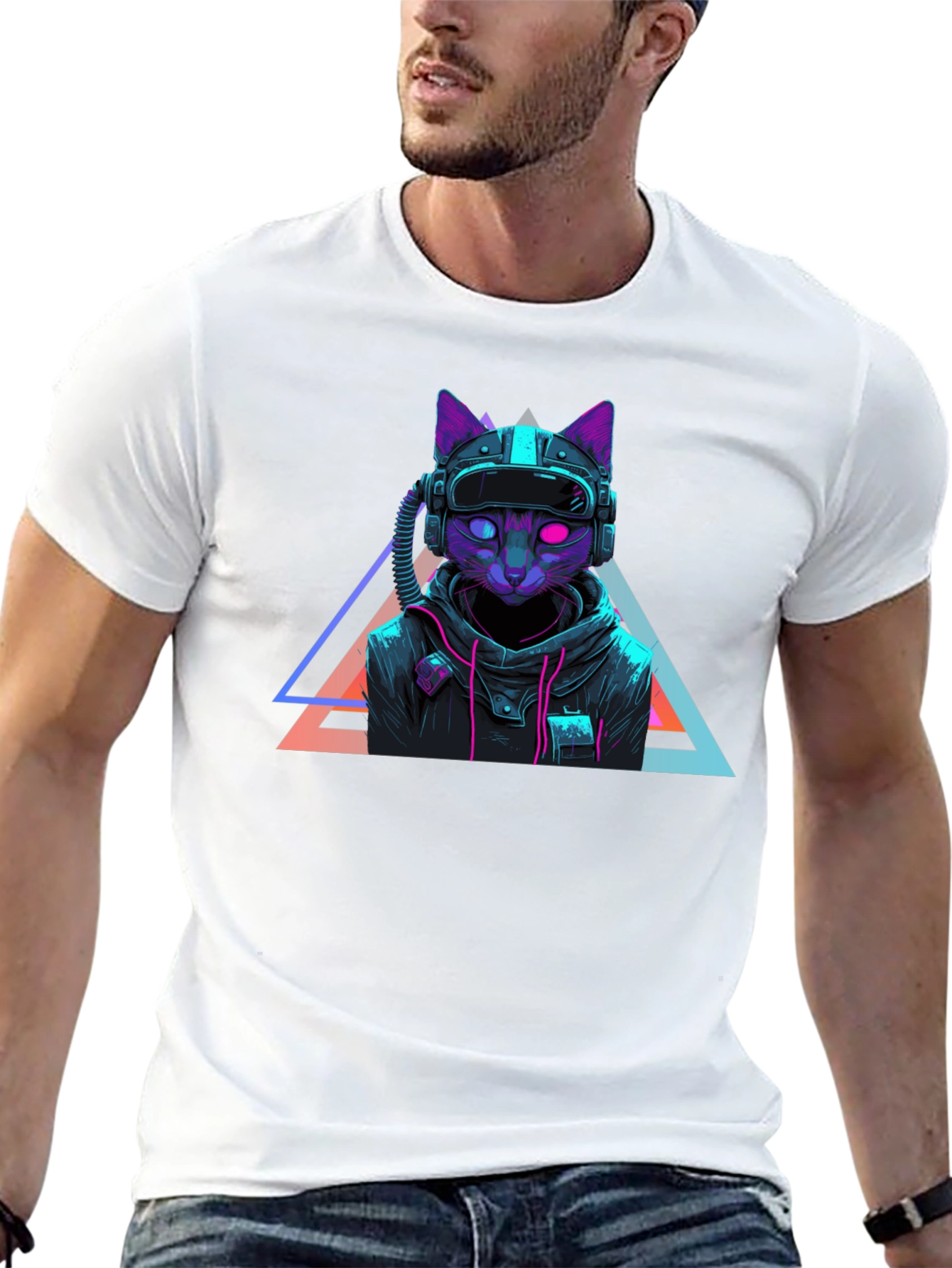 Black Cyberpunk Cat T-Shirt - Futuristic Neon Design view 13
