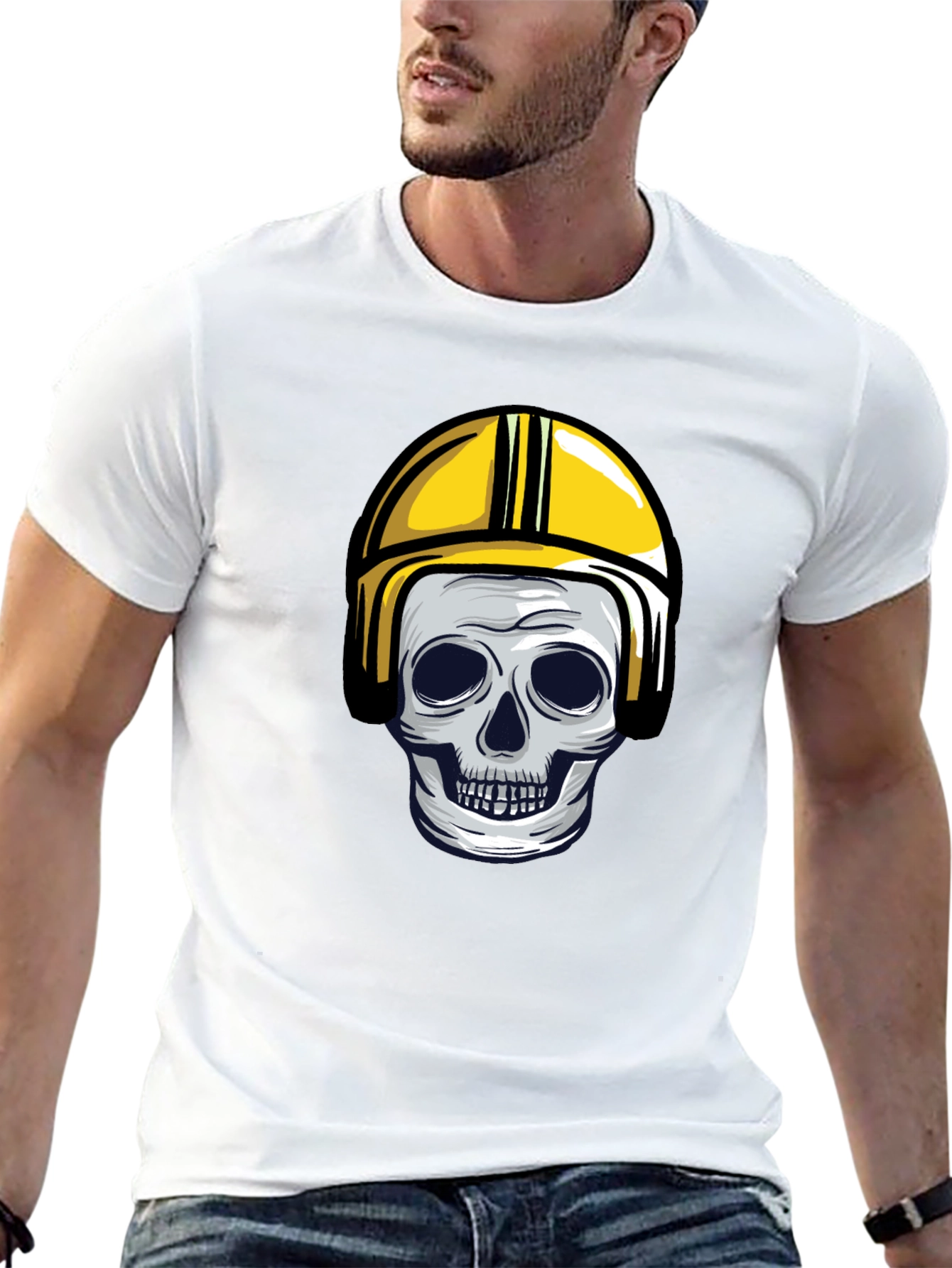 Black Skull in Yellow Helmet Graphic Tee view 13