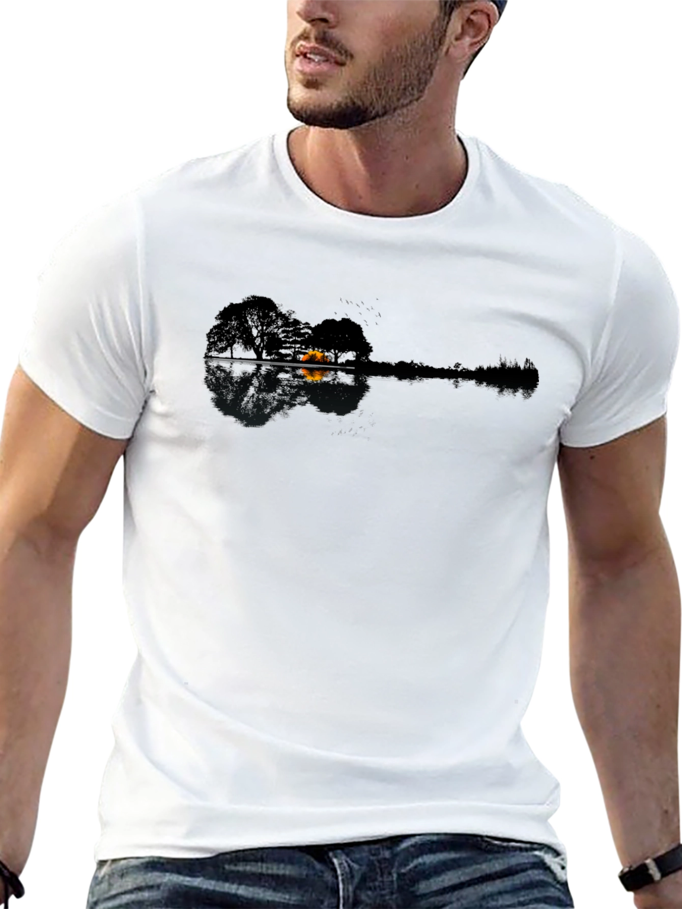 Black Nature Guitar Reflection T-Shirt - Unique Design view 13