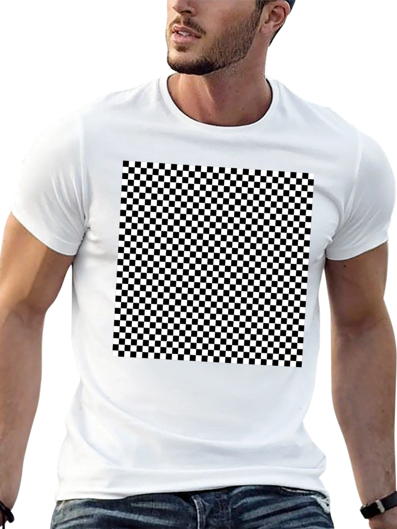 Black Checkered Pattern Black T-Shirt view 13