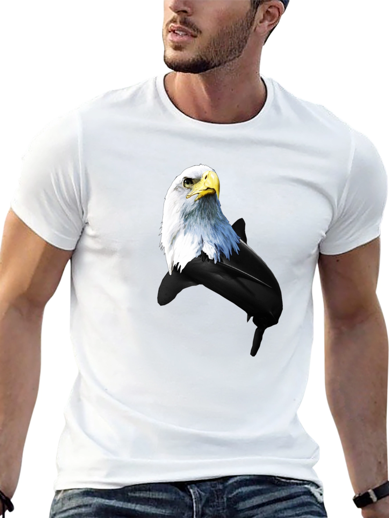 Black Eagle and Dolphin Graphic Tee - Black Cotton Blend view 13
