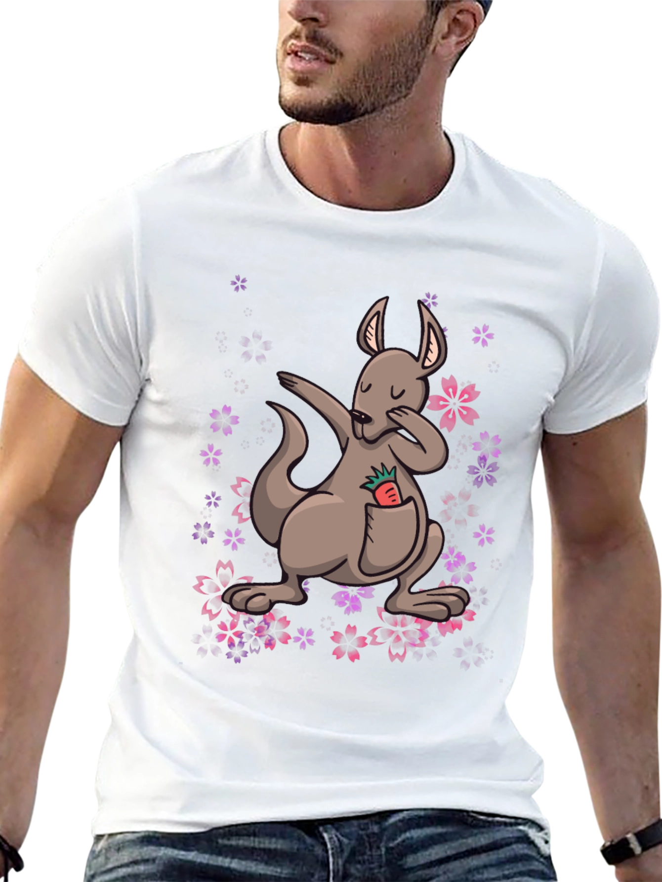 Black Dabbing Kangaroo Floral T-Shirt - Unique Graphic Tee view 13