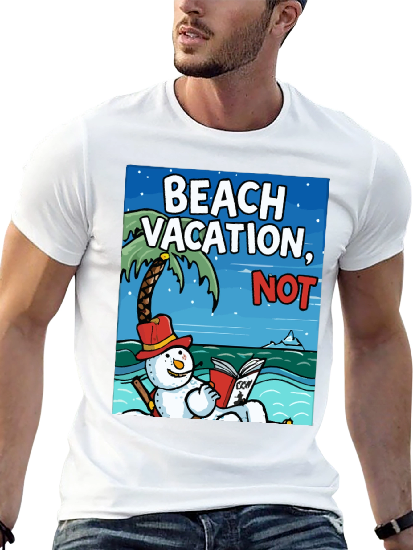 Black Beach Vacation NOT! Funny Snowman Holiday T-Shirt view 13