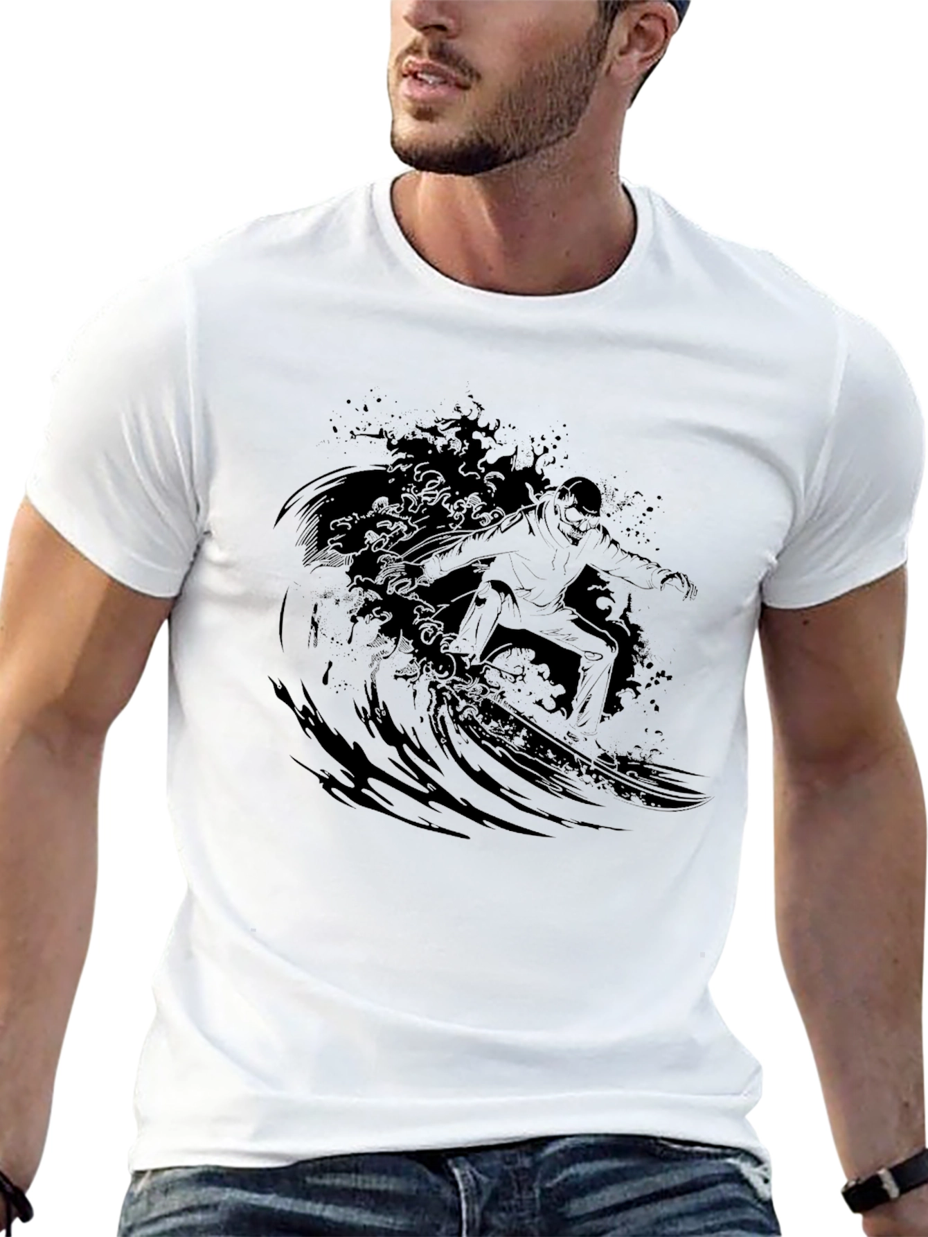 Black Surfer Wave Graphic Black T-Shirt view 13