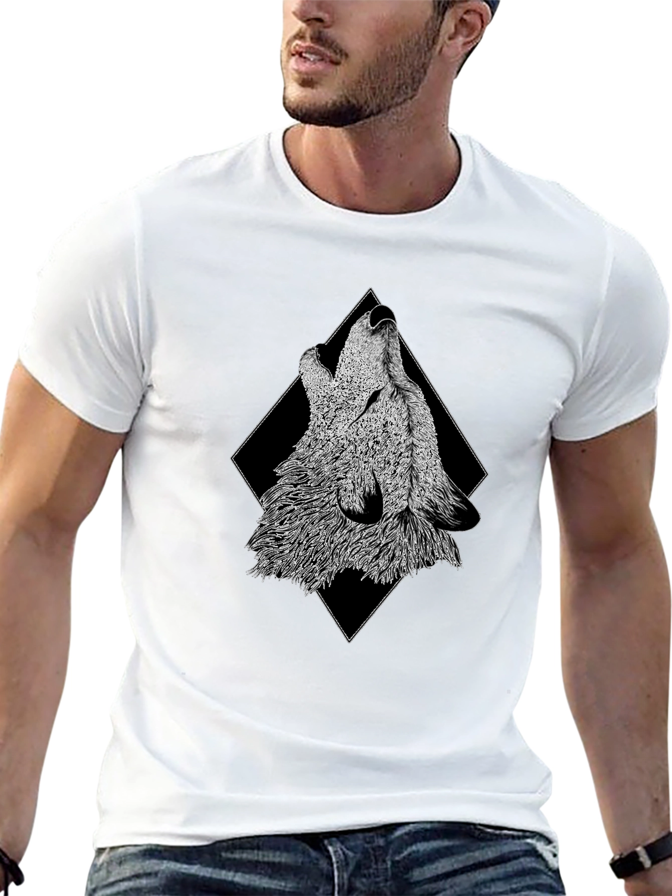 Black Howling Wolf Graphic Print Black T-Shirt view 13