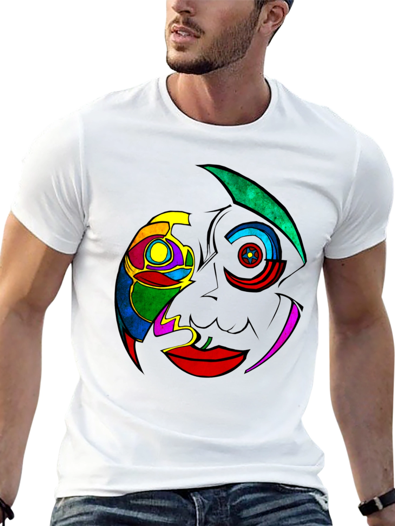 Black Abstract Colorful Face Graphic Black T-Shirt view 13