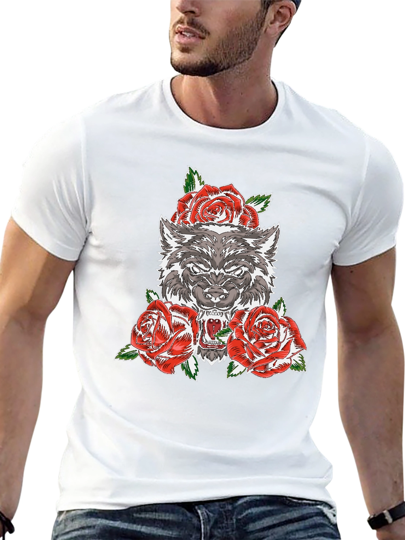 Black Wolf and Roses Graphic T-Shirt - Black view 13