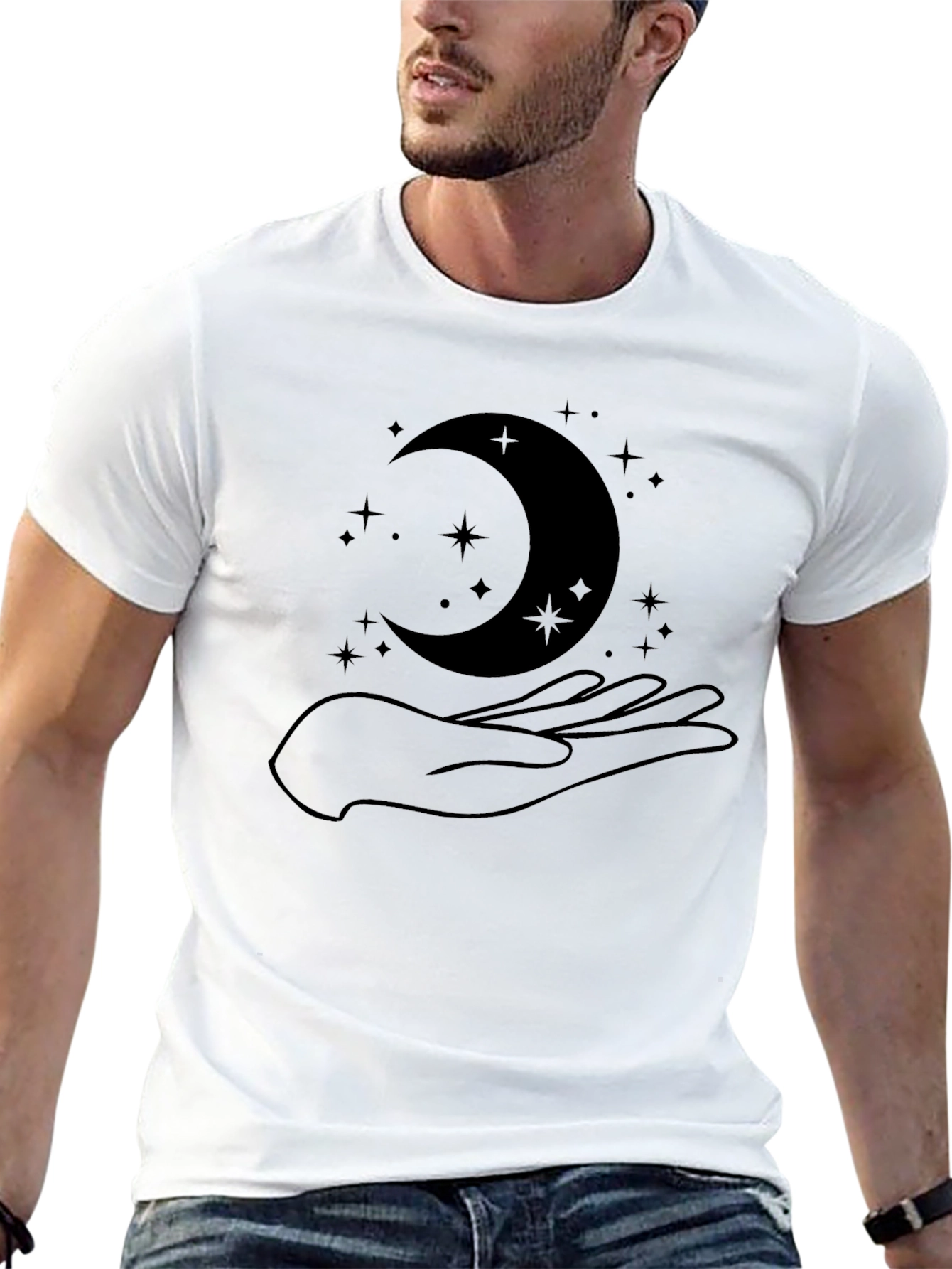 Black Mystic Moon & Hand Graphic Black T-Shirt view 13