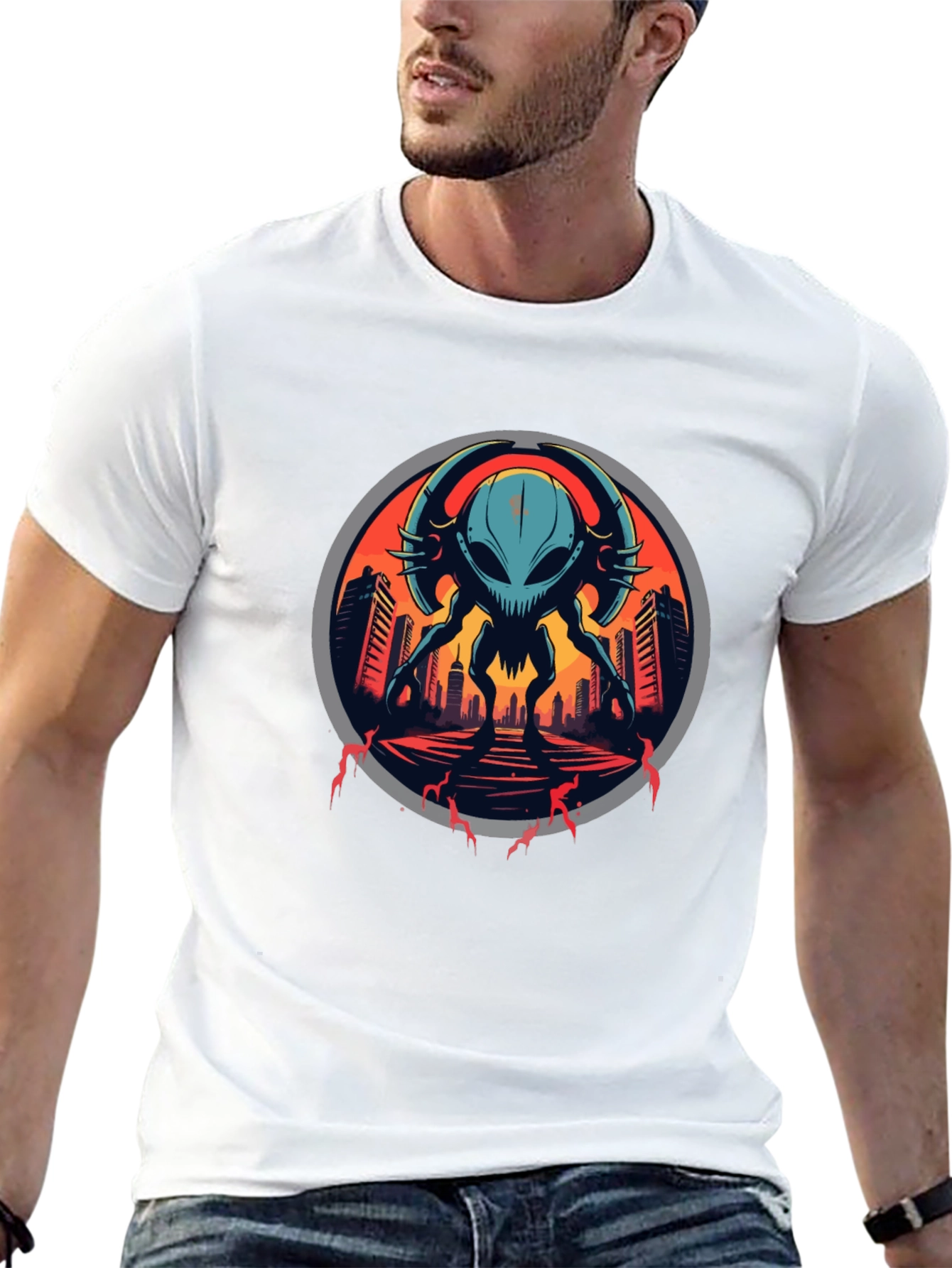 Black Sci-Fi Alien Invasion Graphic T-Shirt view 13