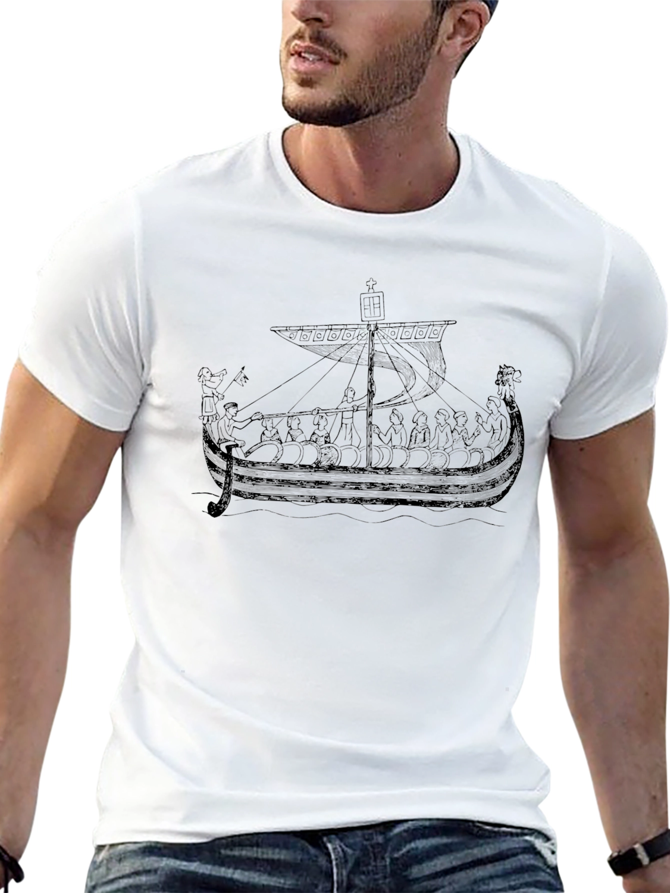 Black Viking Ship Graphic Tee - Black Cotton T-Shirt view 13