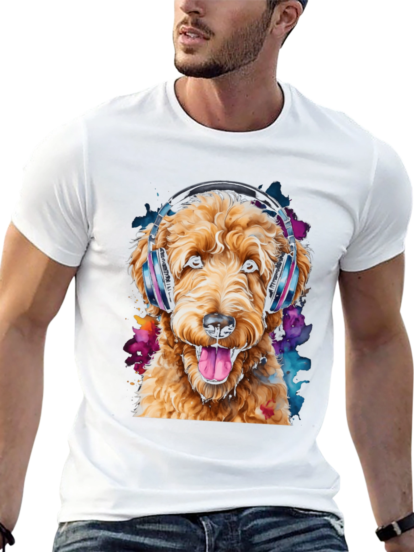 Black Dog with Headphones Black T-Shirt view 13
