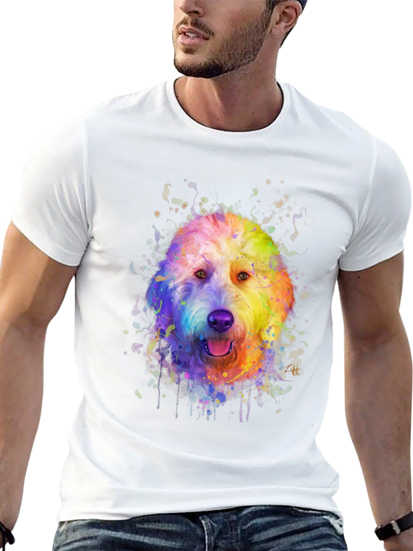 Black Rainbow Doodle Dog Graphic Tee - Black Cotton T-Shirt view 13