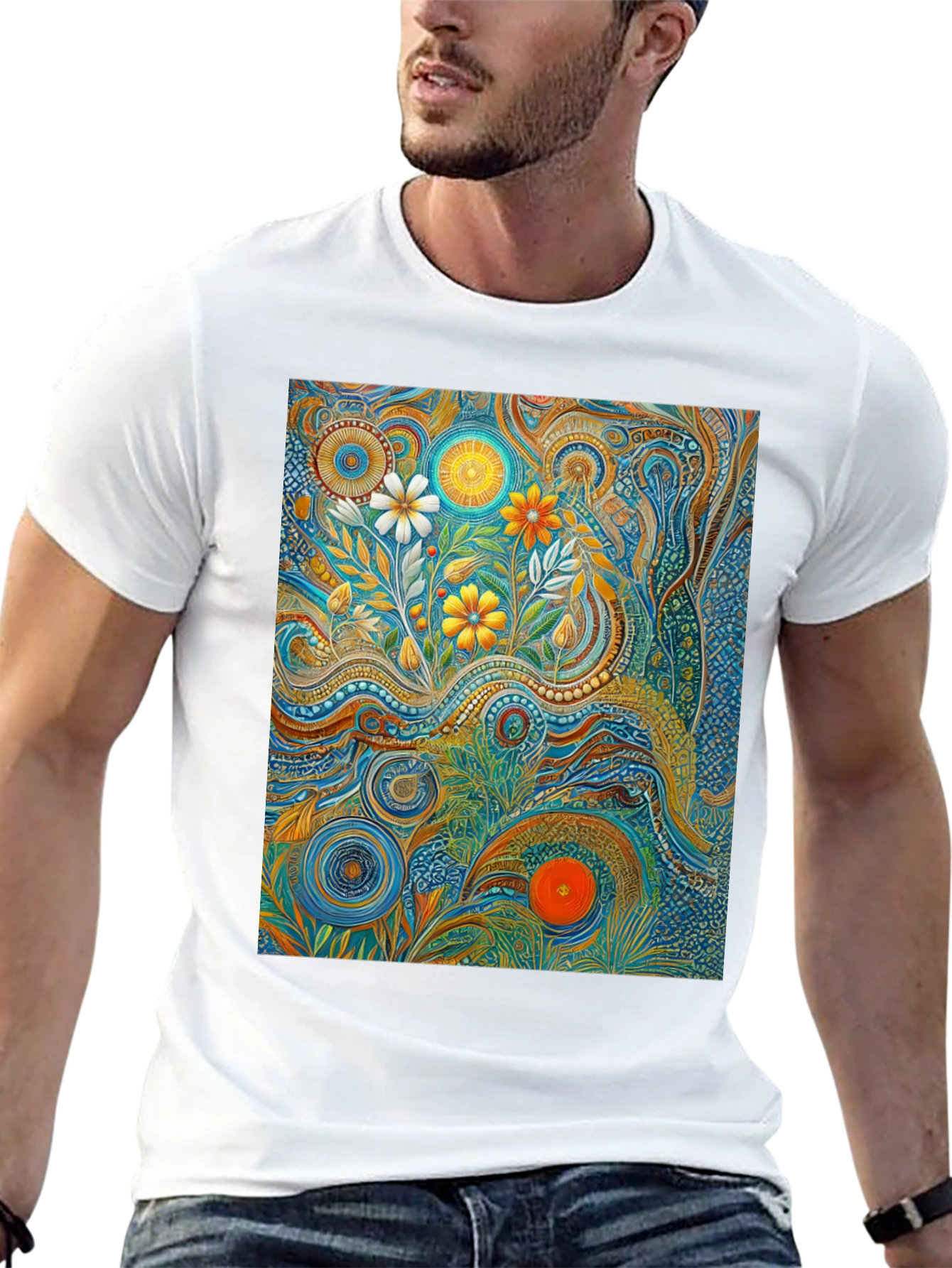 Black Psychedelic Floral Art T-Shirt view 13