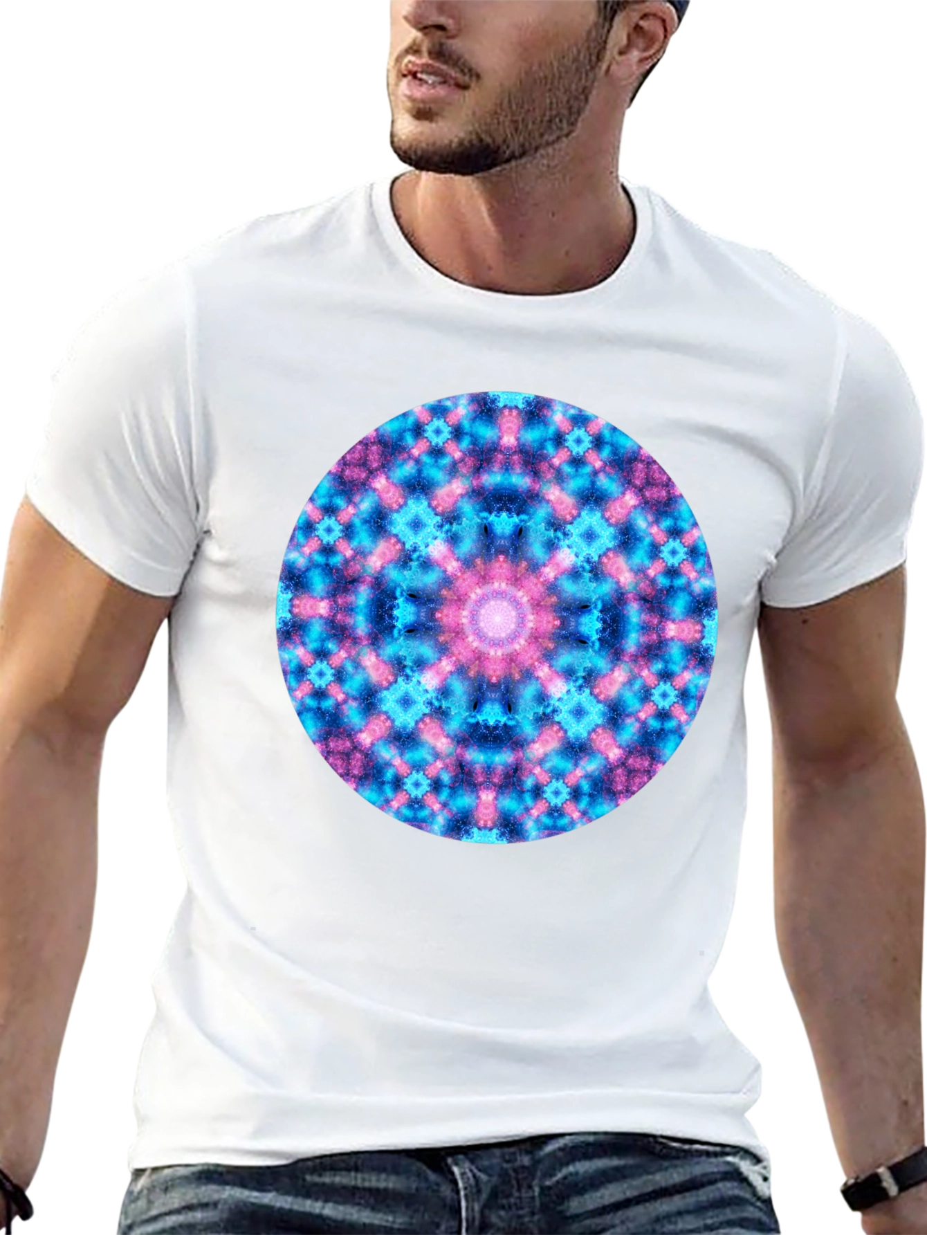 Black Cosmic Mandala T-Shirt - Colorful Geometric Design view 13