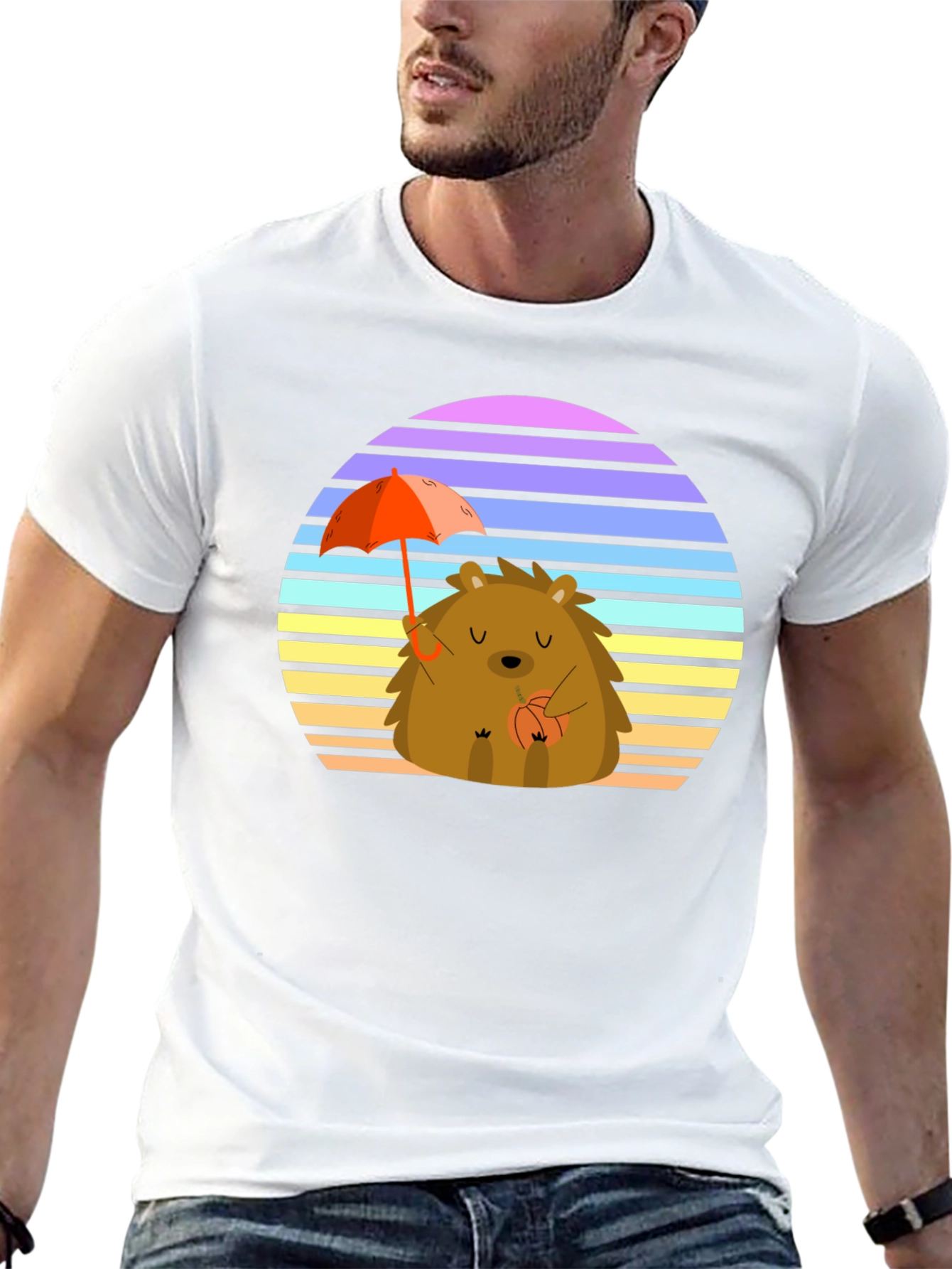 Black Cute Hedgehog T-Shirt with Retro Sunset Design view 13