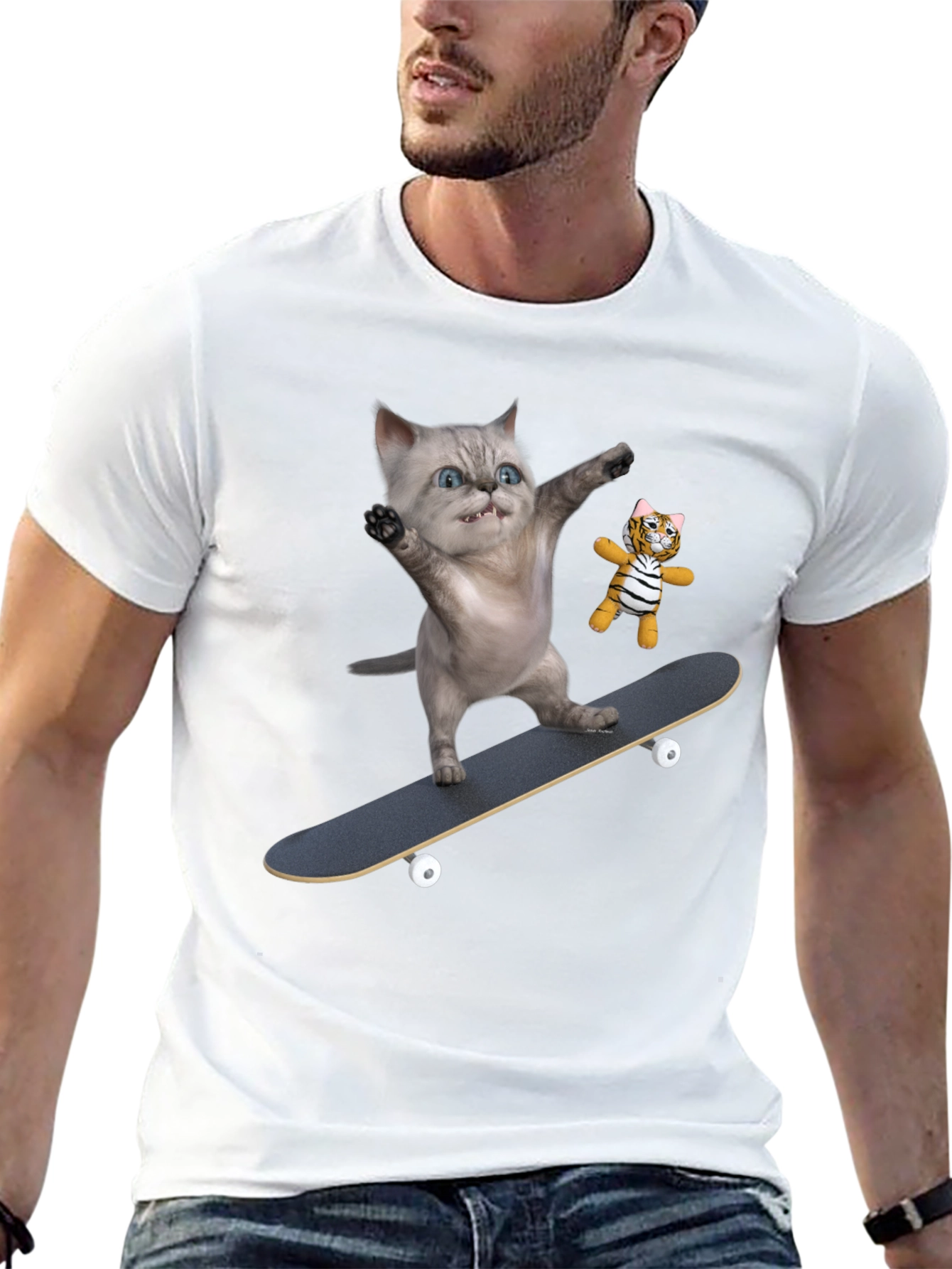 Black Cool Cat Skateboard T-Shirt - Unique Design view 13