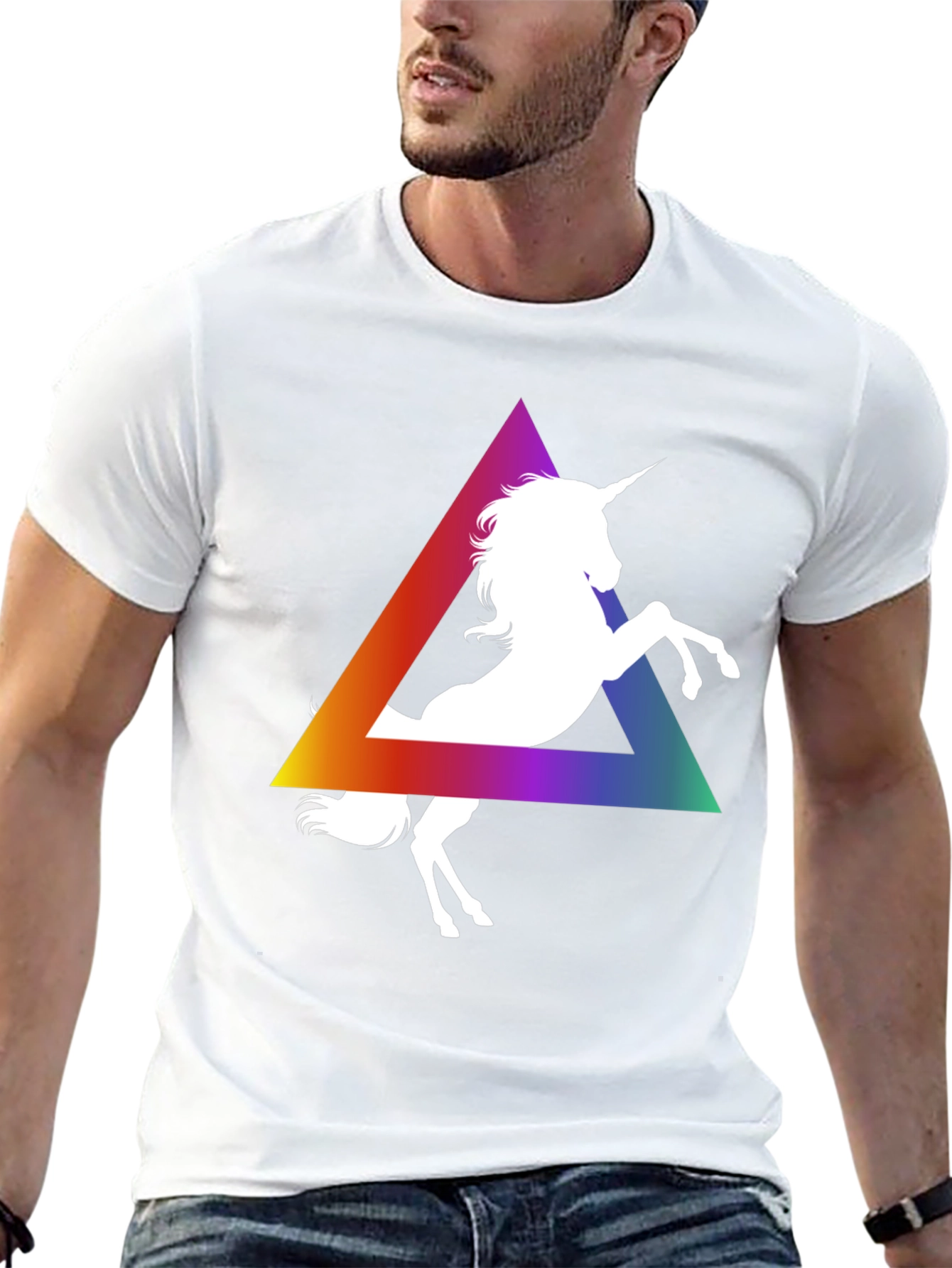 Black Unicorn Rainbow Triangle Graphic Tee - Black Cotton T-Shirt view 13