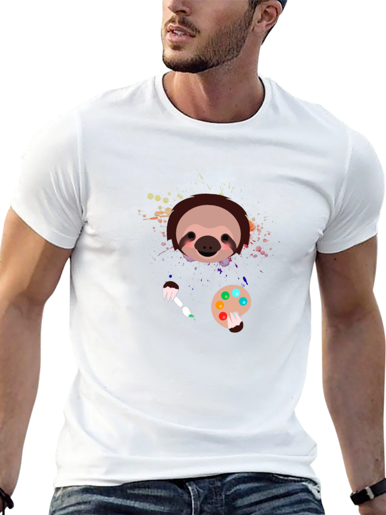 Black Sloth Artist Graphic T-Shirt - Cute Painter Tee view 13