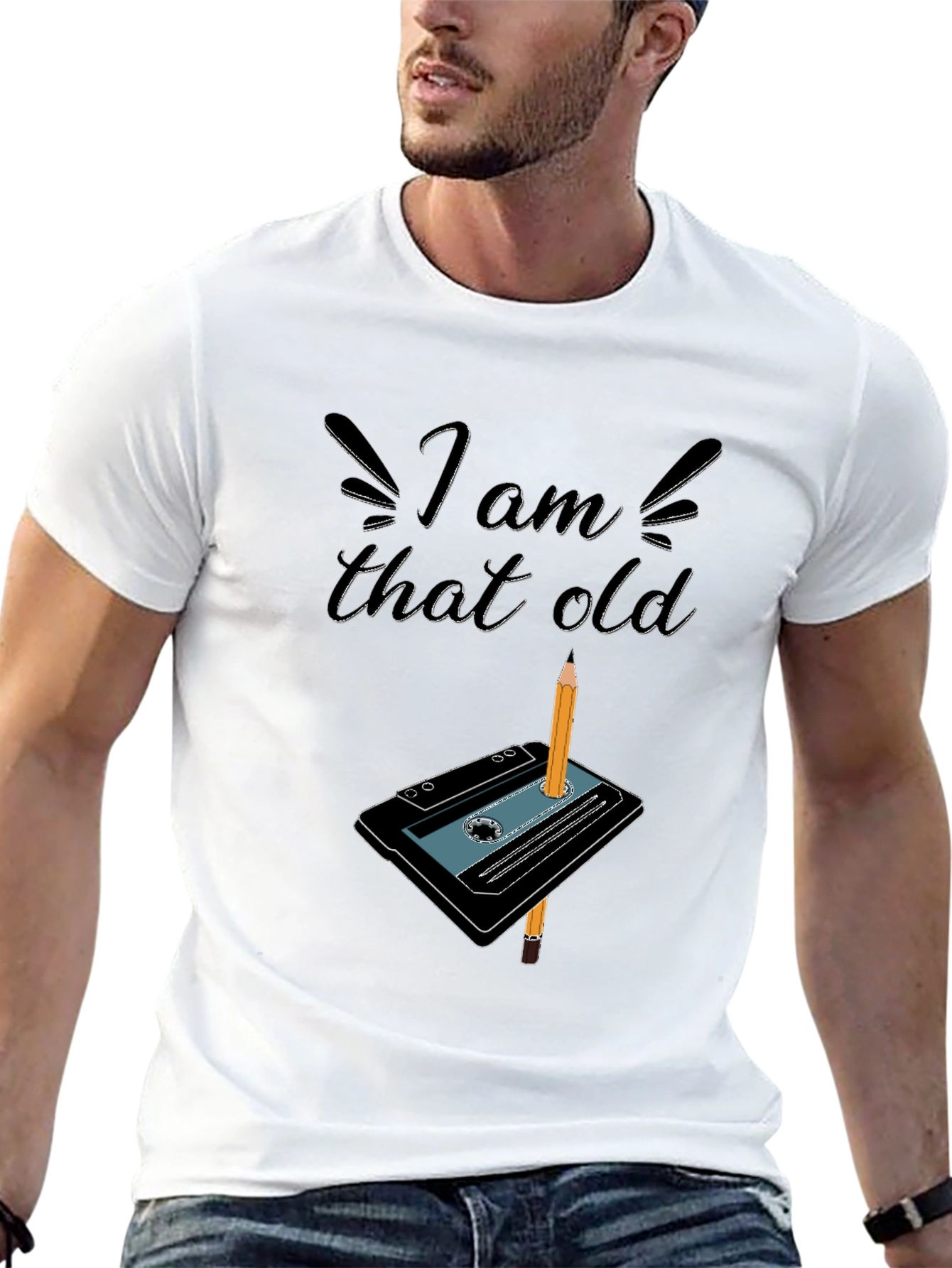 Black I Am That Old Cassette Tape & Pencil Graphic T-Shirt view 13