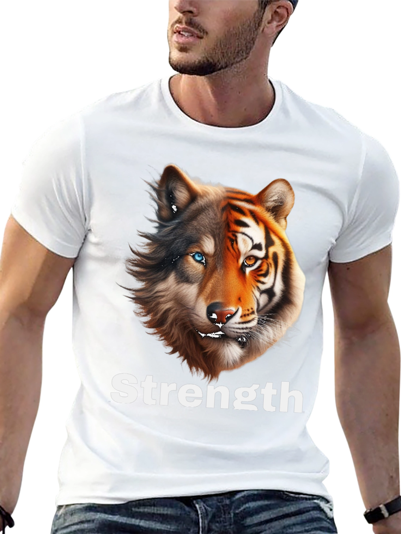Black Strength Wolf Tiger Graphic Tee - Unique Animal Design view 13