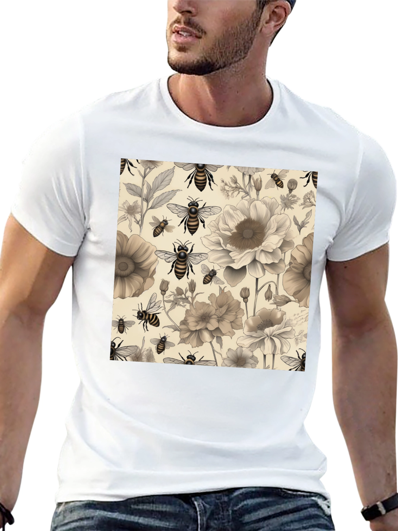 Black Floral Bee Print Black T-Shirt view 13