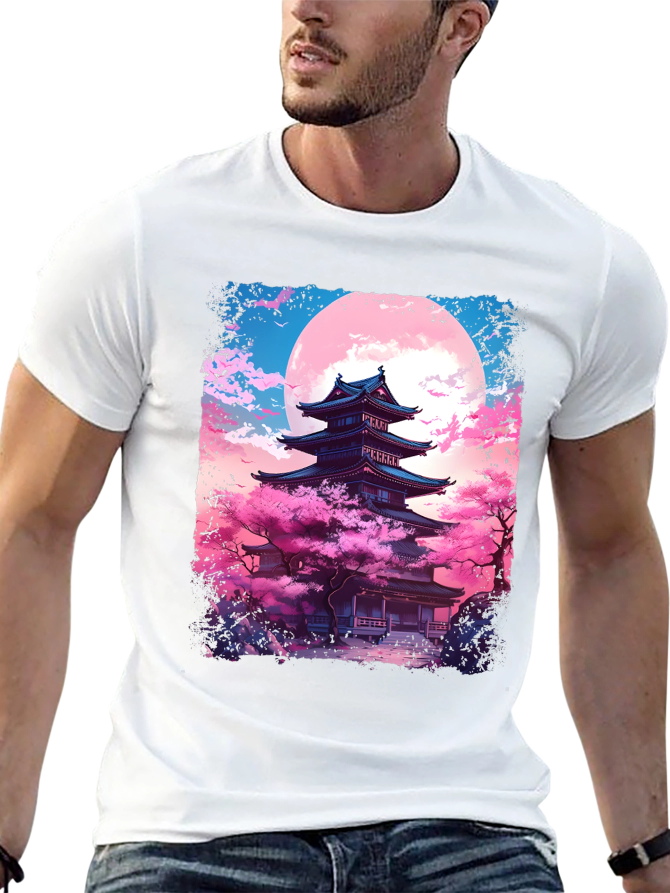 Black Japanese Temple Sakura Moon Men's Graphic Tee view 13