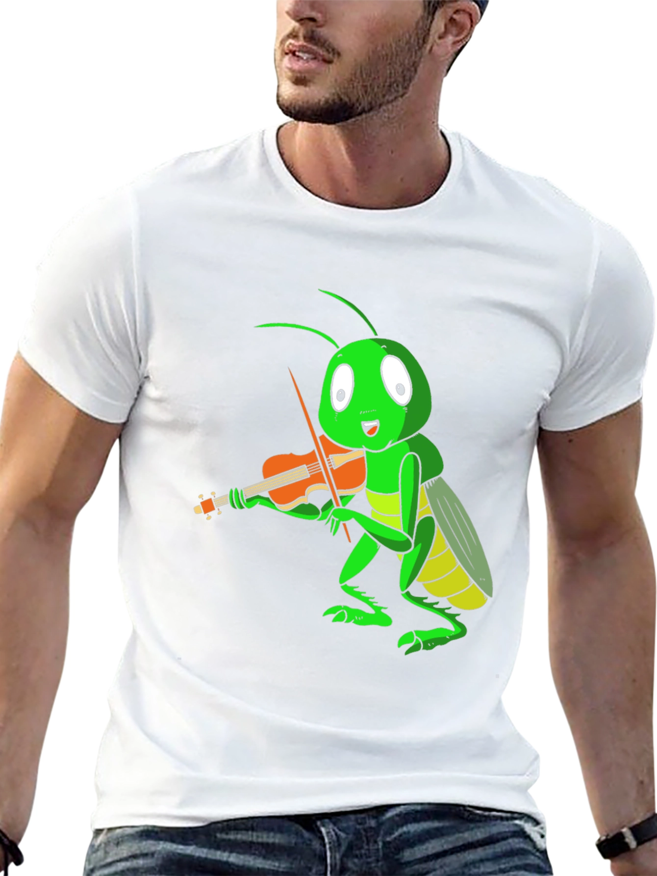 Black Grasshopper Violinist T-Shirt - Unique Graphic Tee view 13