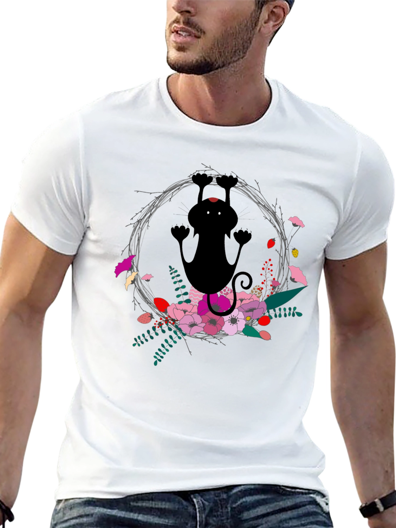 Black Floral Cat Black T-Shirt - Fun & Unique Design view 13