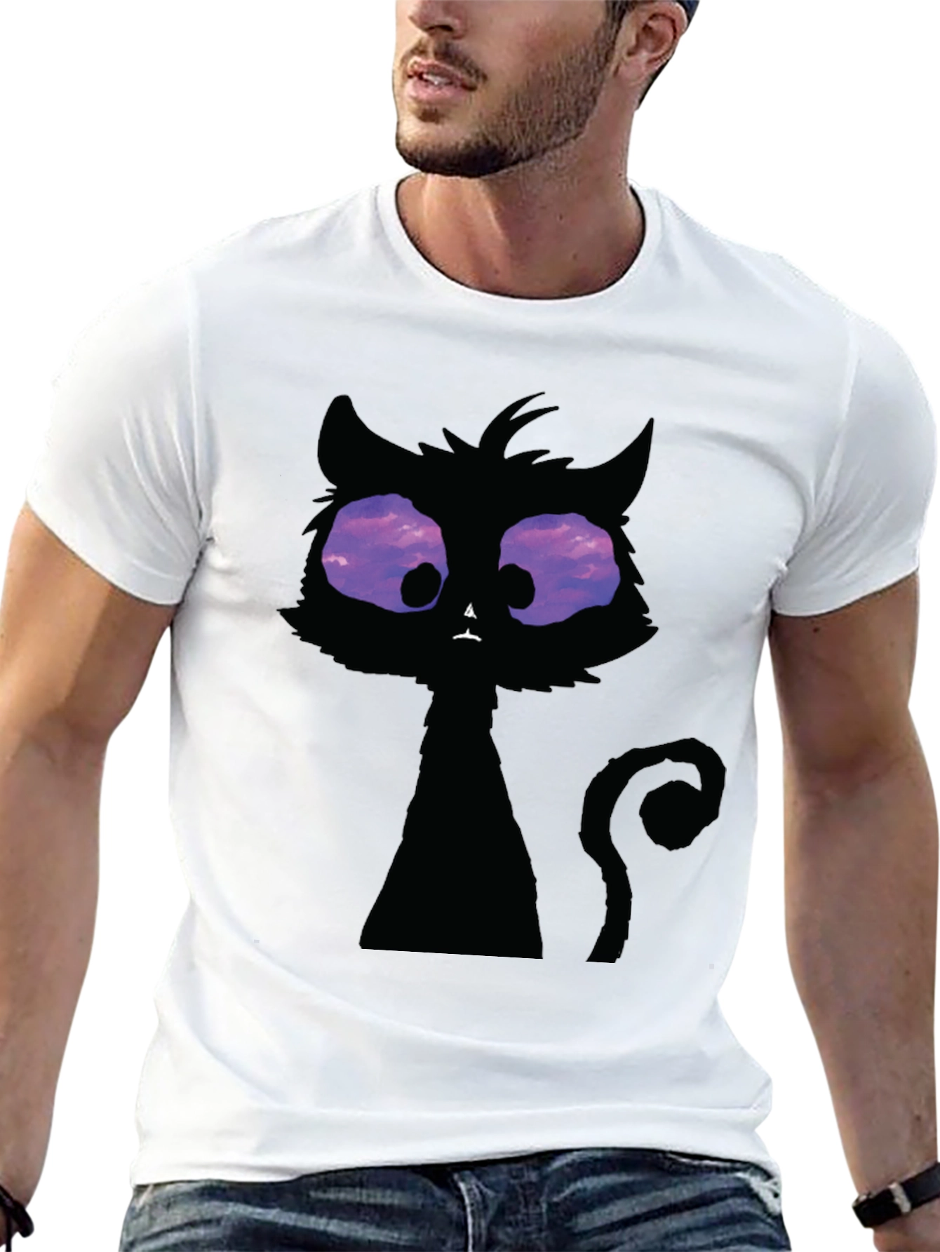 Black Whimsical Cat T-Shirt: Black Crew Neck with Unique Design view 13