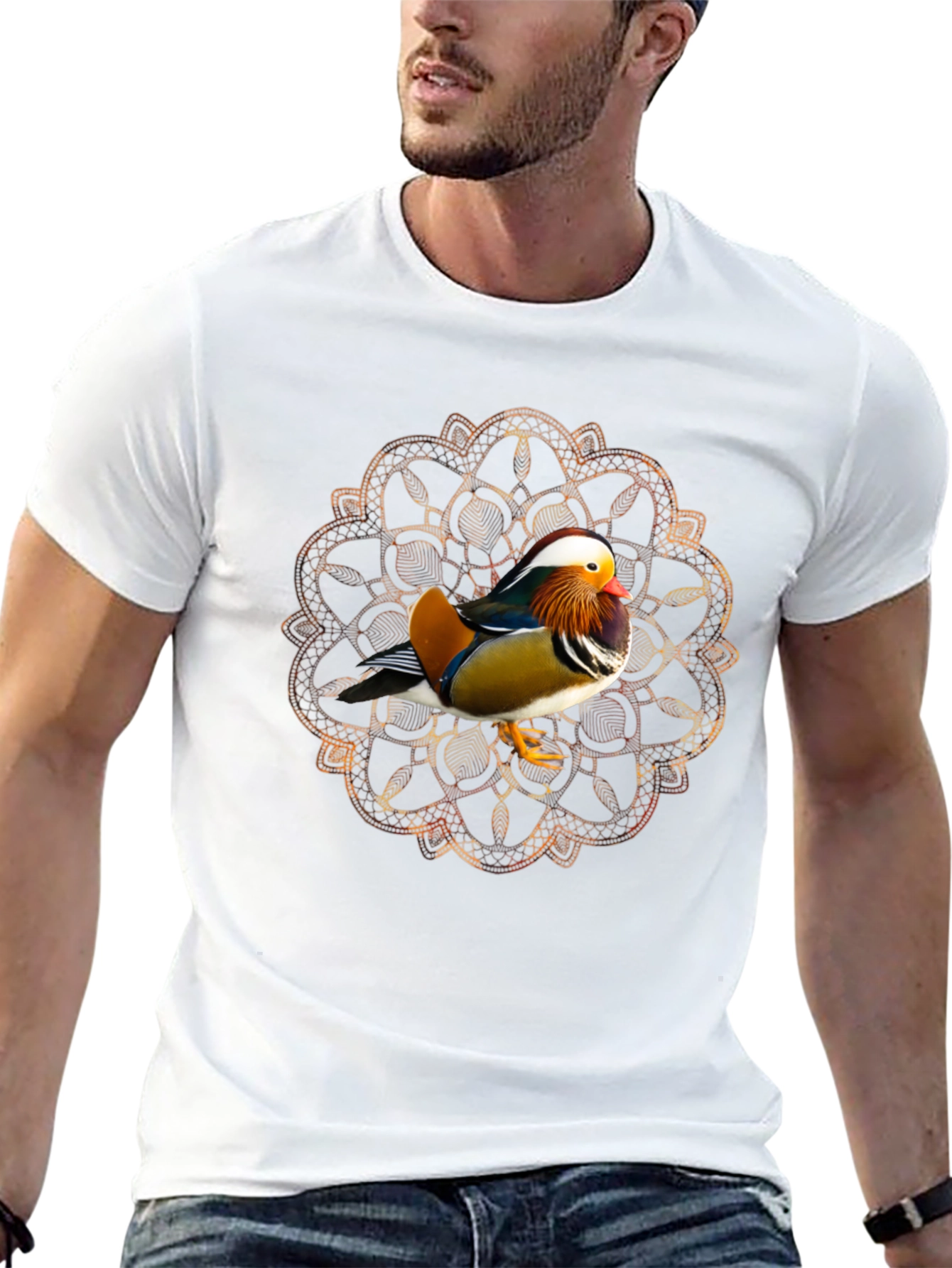 Black Mandarin Duck Mandala Graphic Tee - Stylish Men's T-Shirt view 13