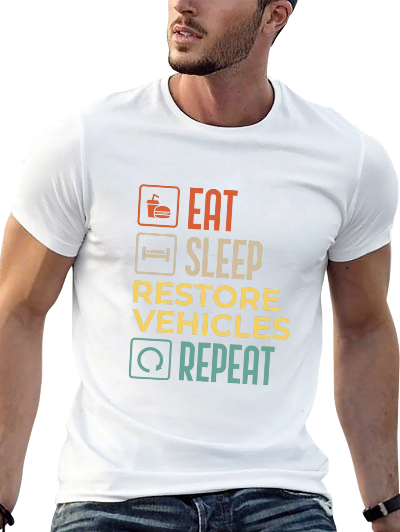 Black Eat Sleep Restore Vehicles Repeat Graphic T-Shirt view 13