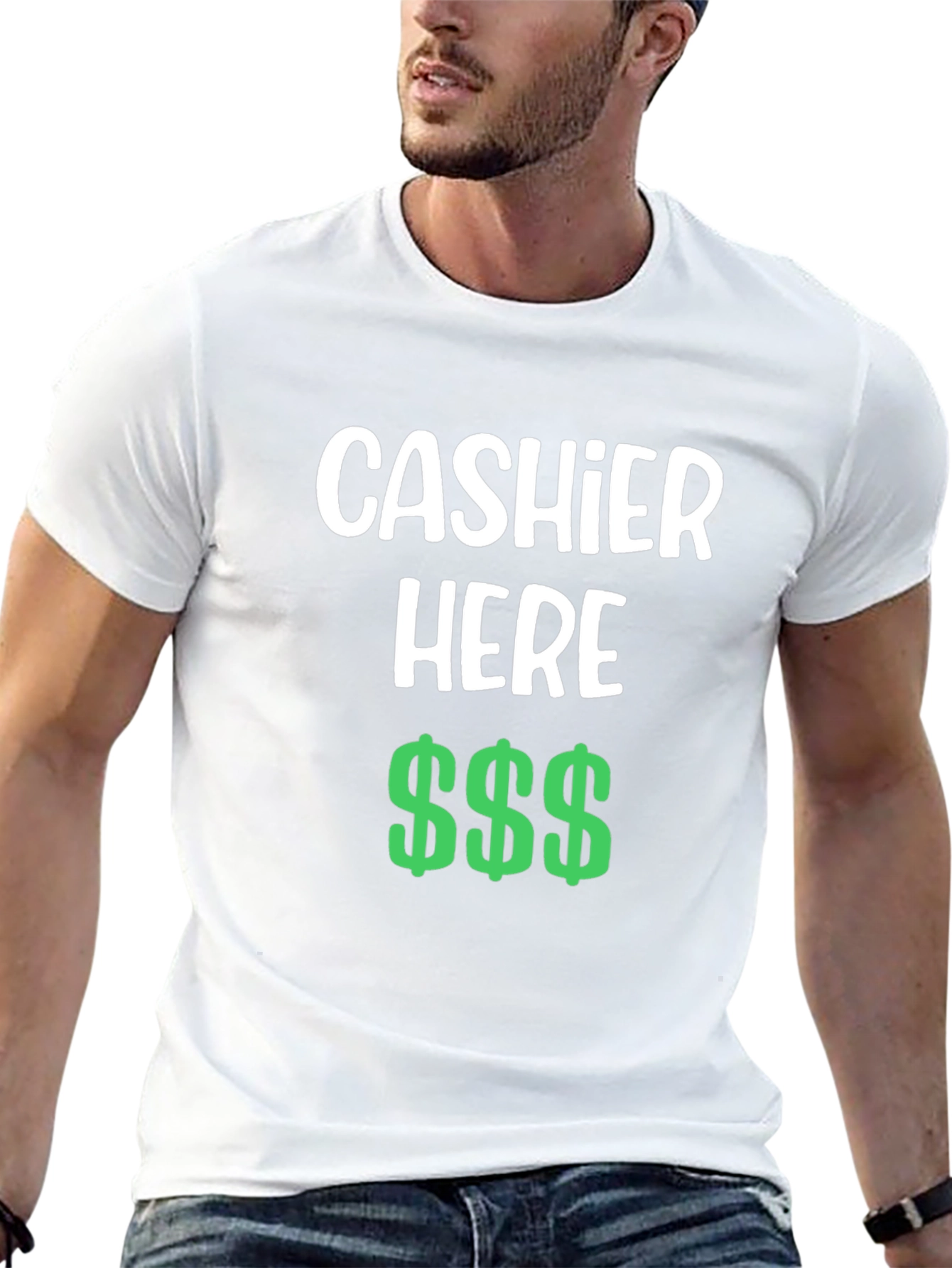 Black Cashier Here Funny T-Shirt - Black Crew Neck Tee view 13