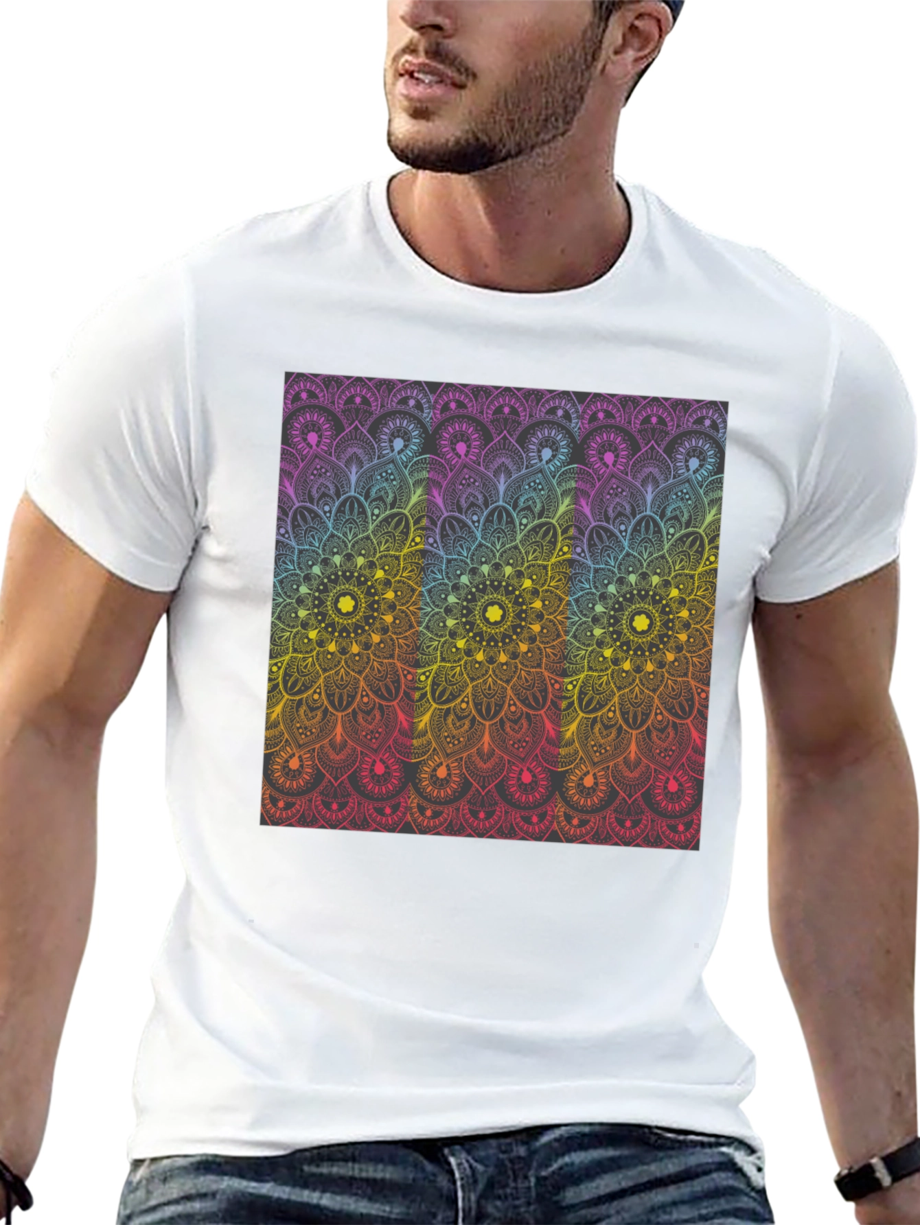 Black Colorful Mandala Graphic Print Black T-Shirt view 13