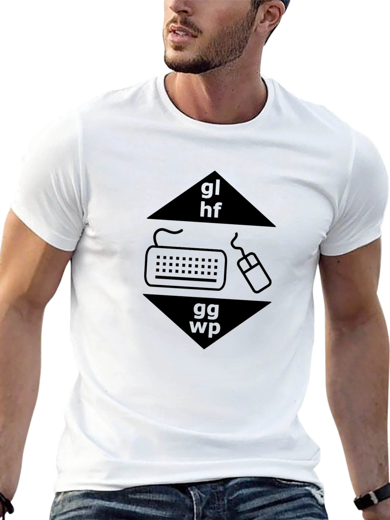 Black Gaming T-Shirt: GL HF GG WP Keyboard Mouse Design view 13
