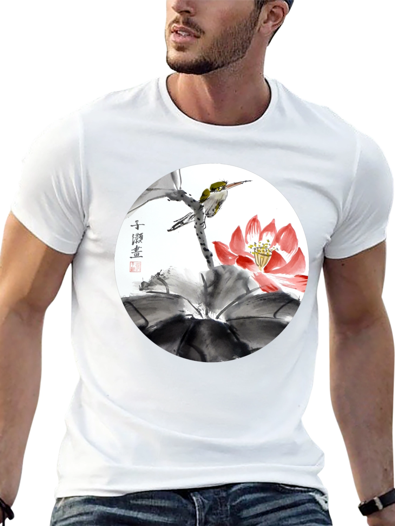 Black Artistic Bird & Lotus T-Shirt view 13