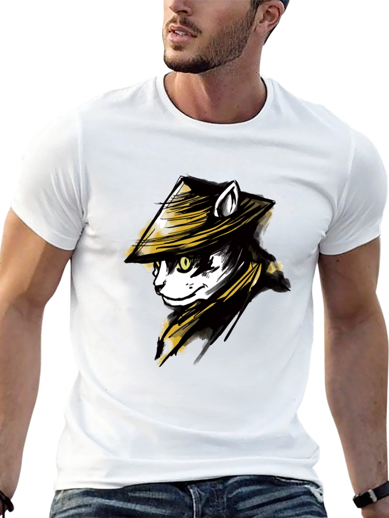 Black Black T-Shirt with Cat Samurai Graphic view 13