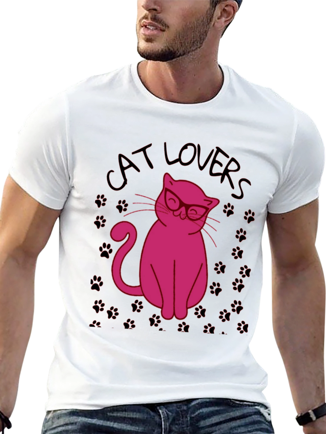 Black Cat Lovers T-Shirt - Pink Cat with Glasses Design view 13
